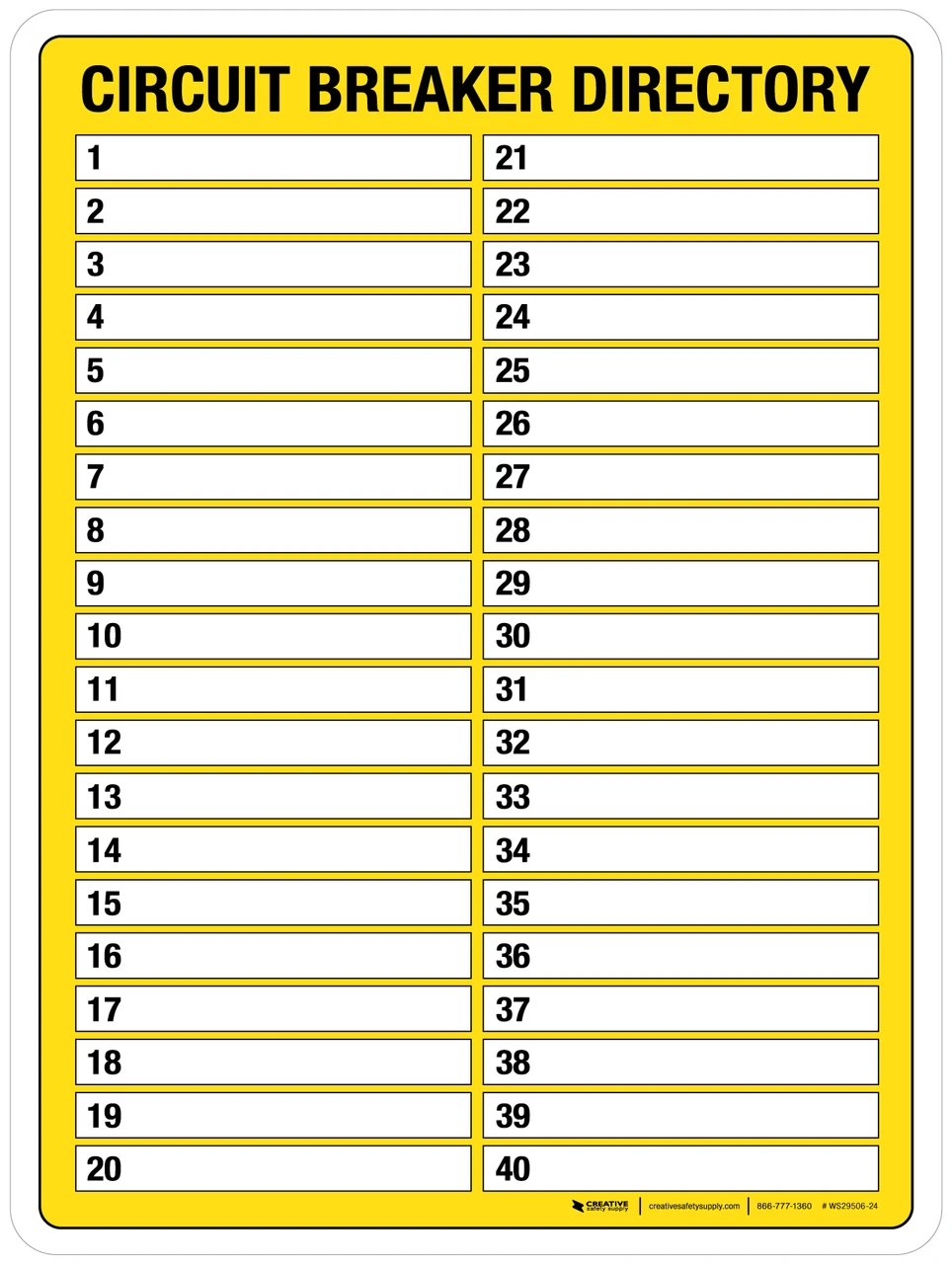 Circuit Breaker Directory Yellow Portrait Wall Sign Circuit Breaker Directory Yellow Portrait Wall Sign