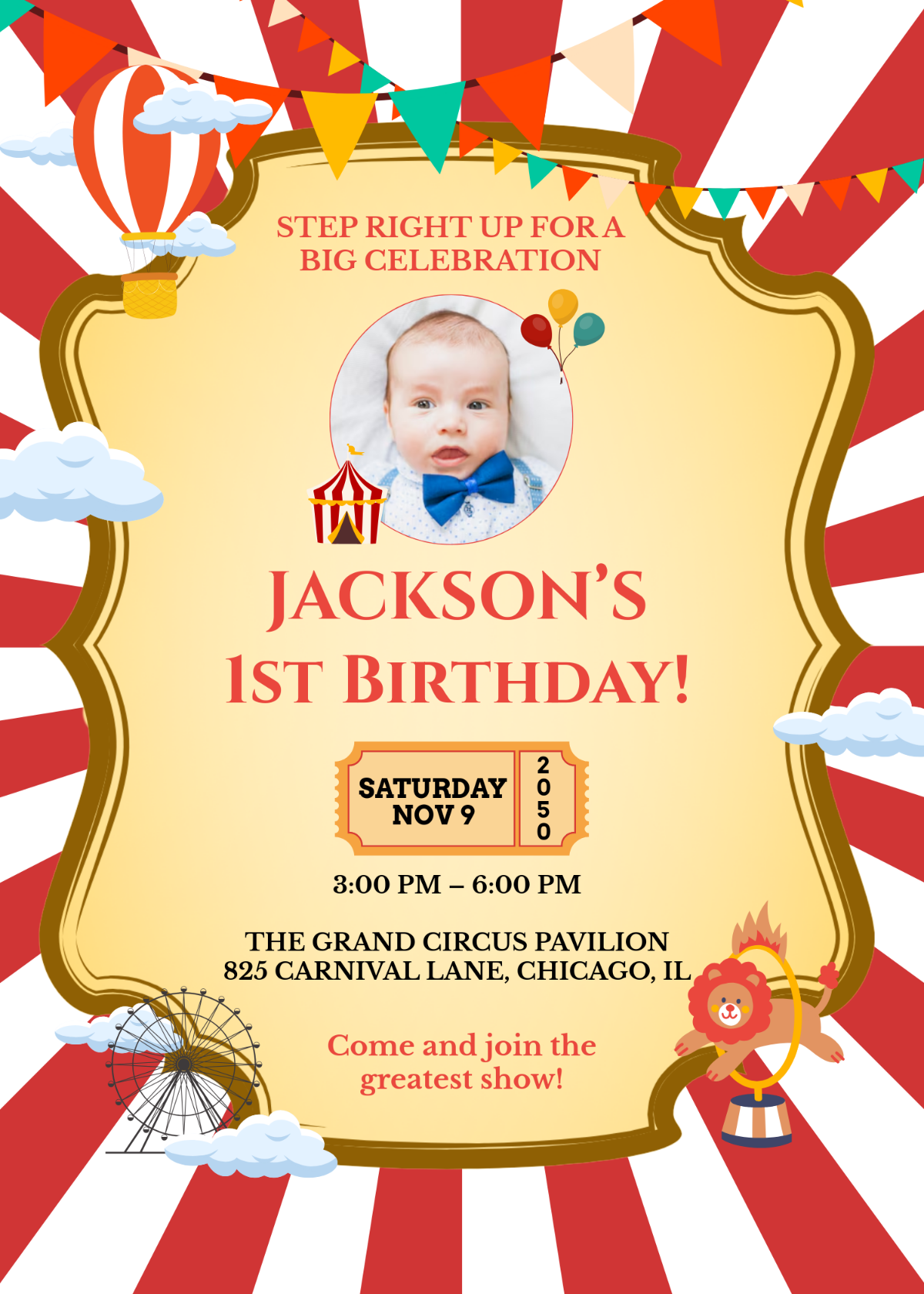 Circus Themed First Birthday Invitation