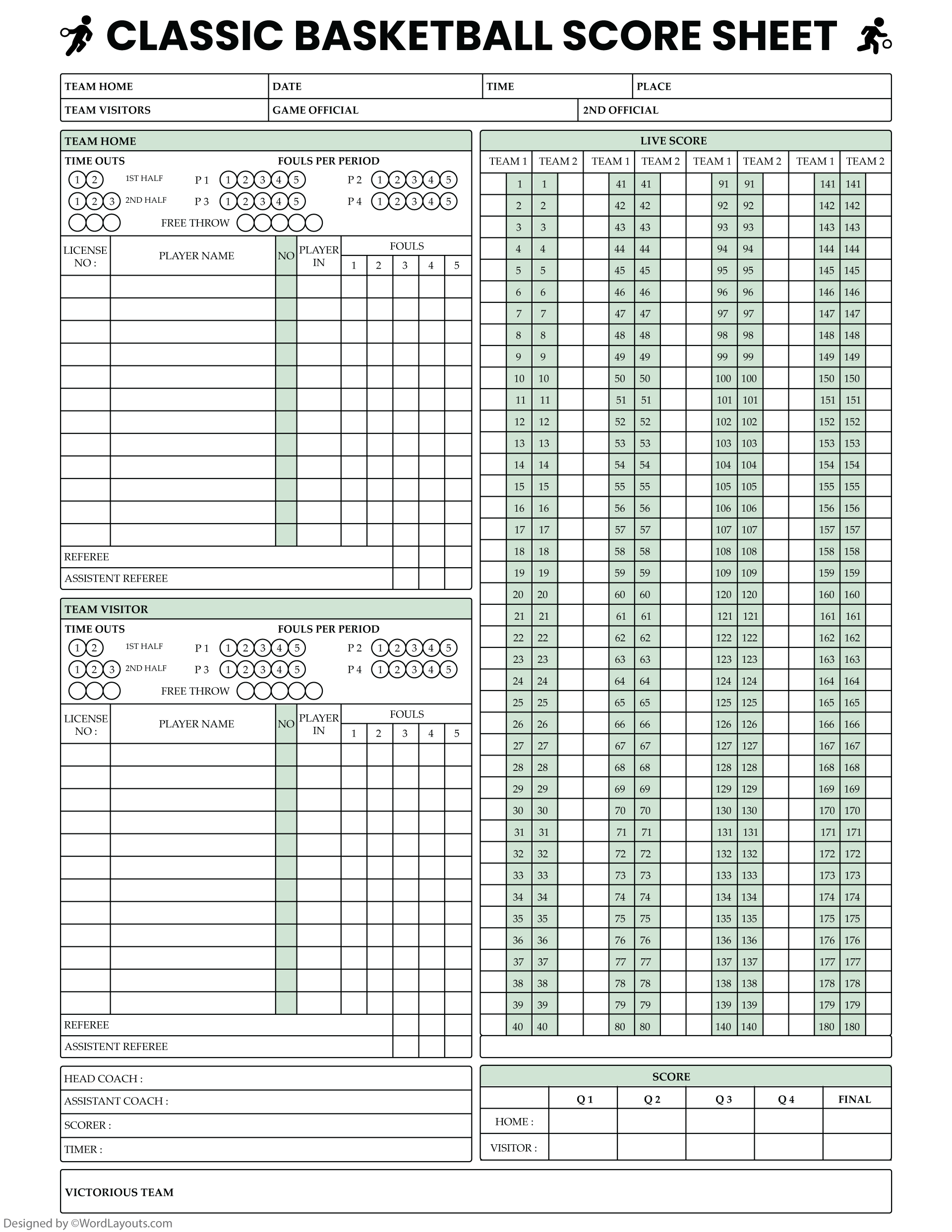 Classic Basketball Score Sheet Template Classic Basketball Score Sheet Template