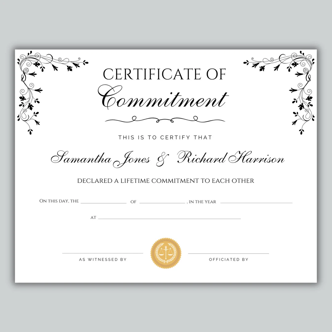 Commitment Ceremony Certificate Editable Commitment Ceremony Certificate Editable