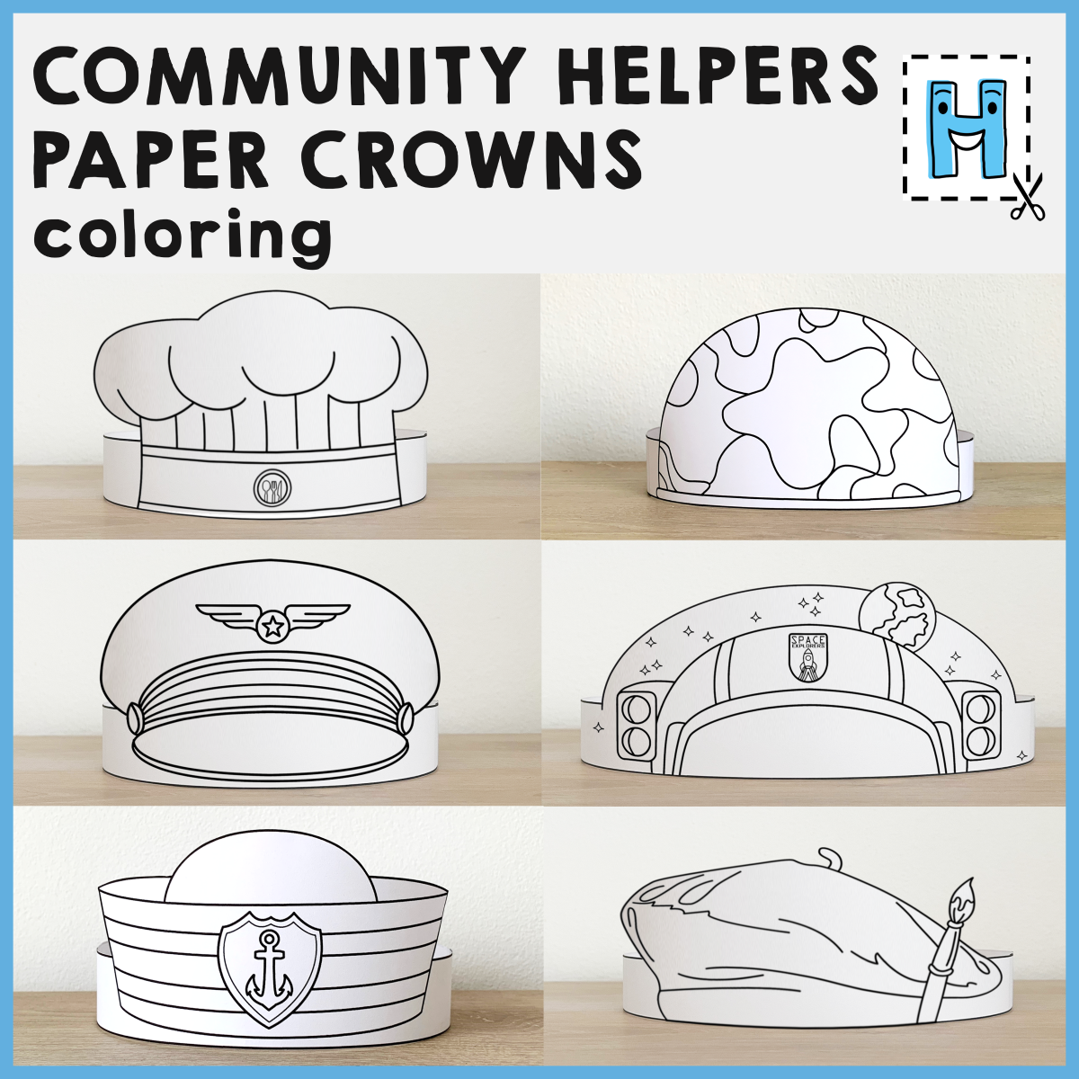 Community Helpers Paper Hats Career Day Printable Paper Coloring Craft Activity