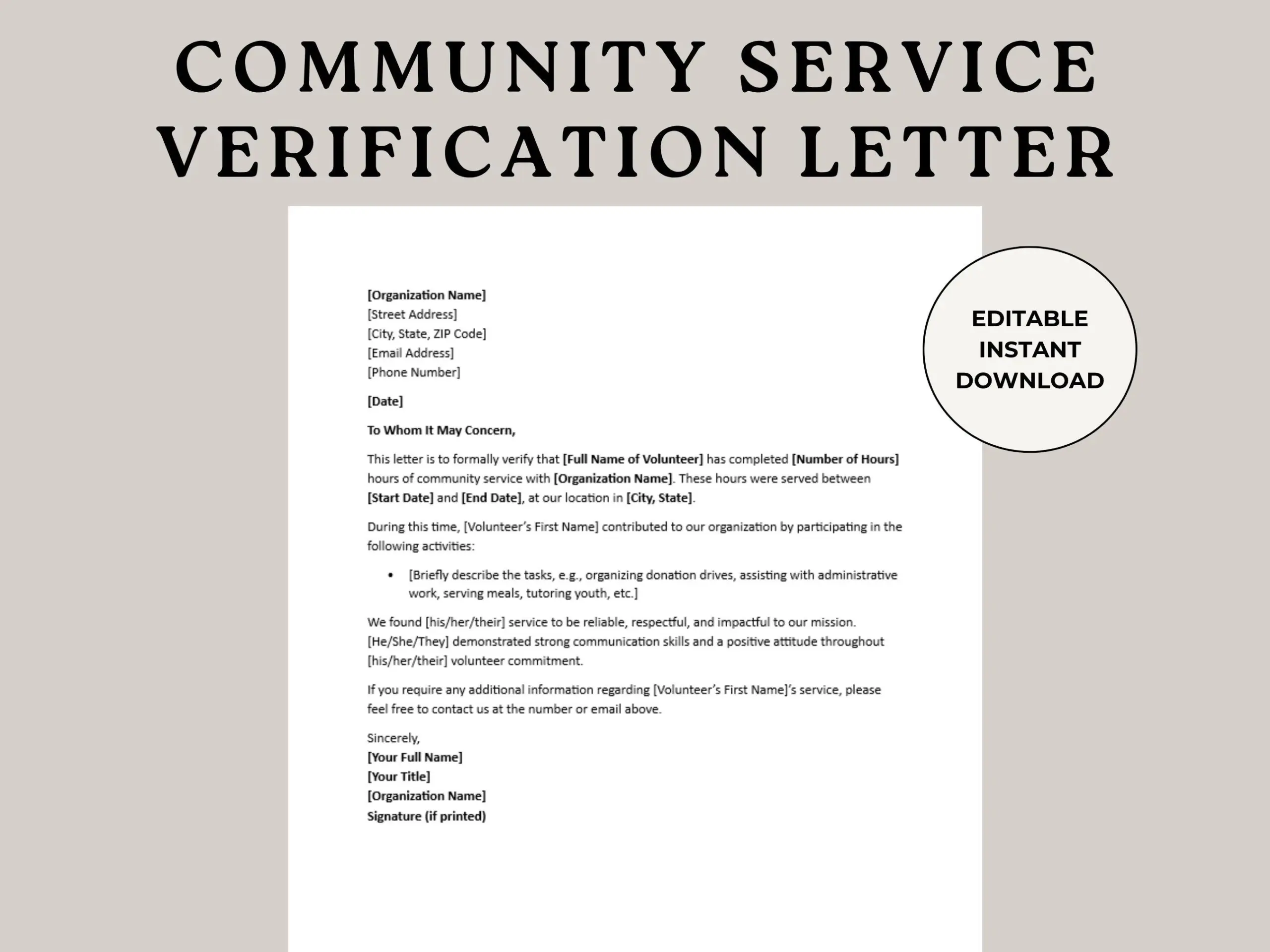 community service completion letter sample template