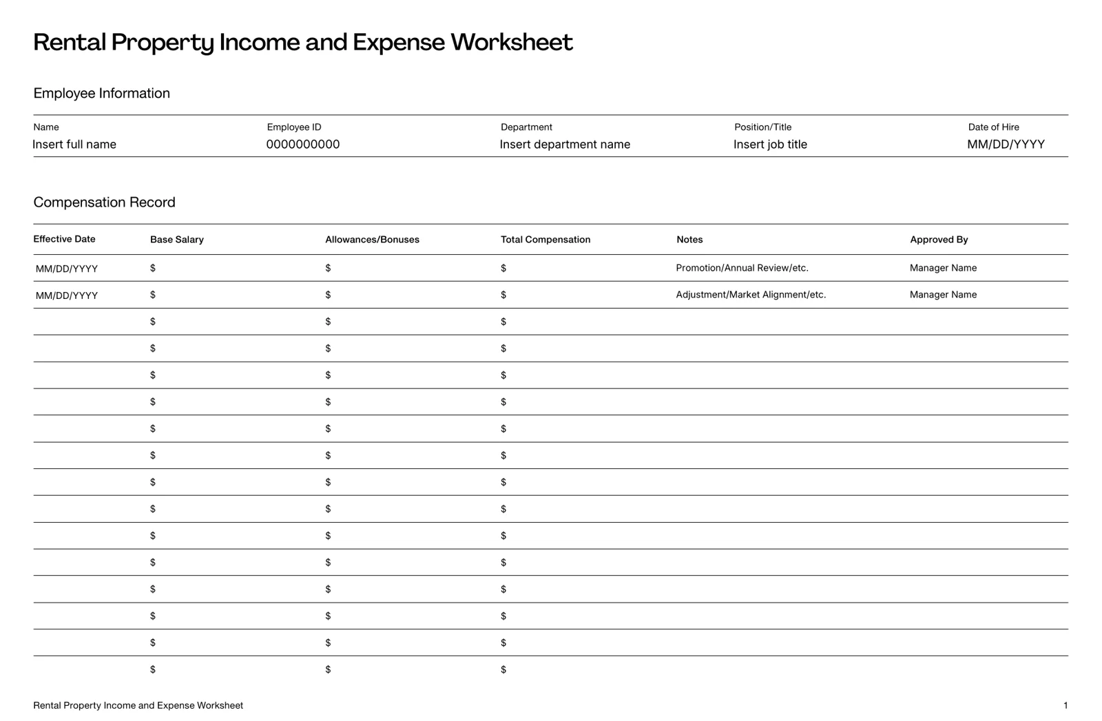 Compensation History Template Compensation History Template