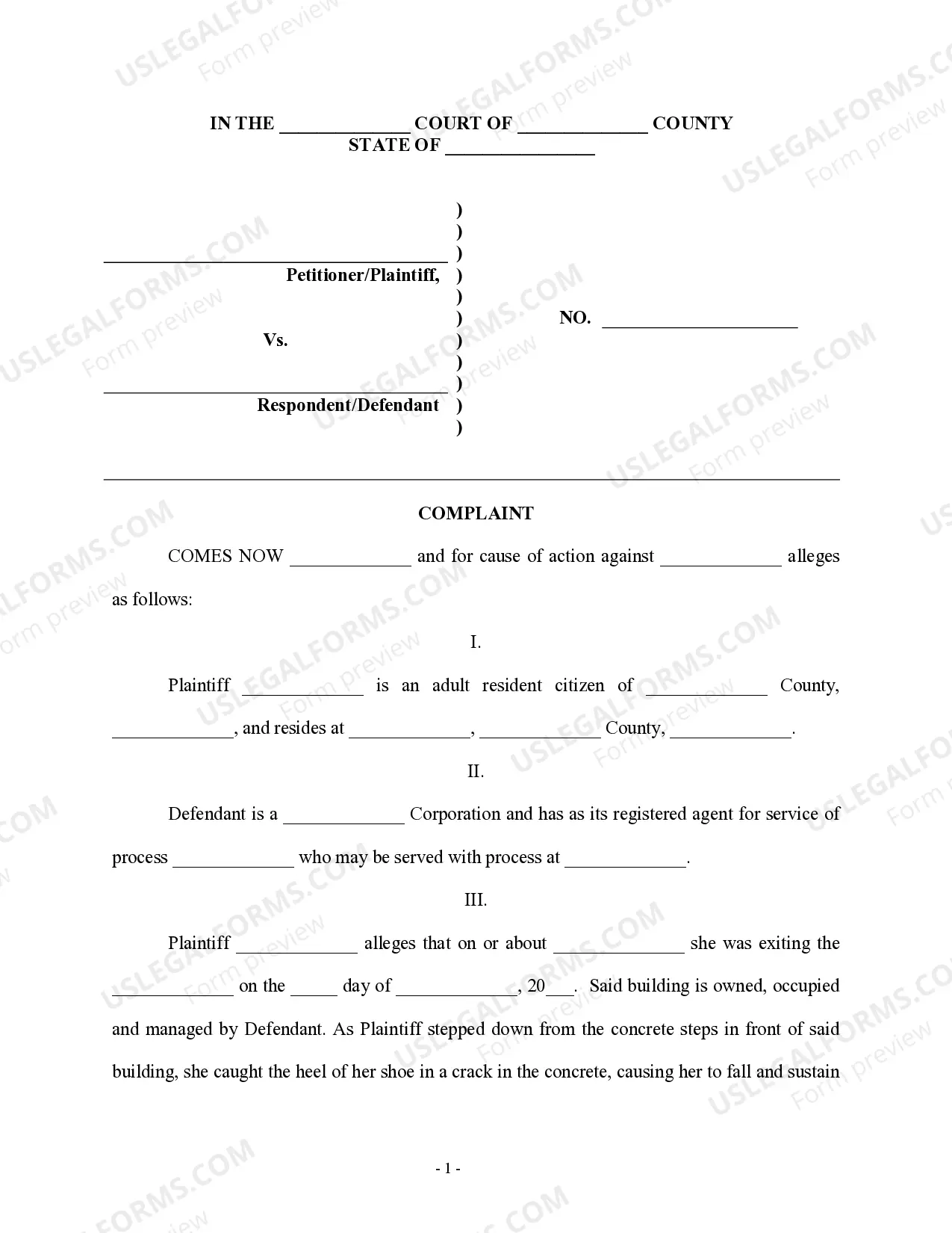 Complaint Regarding Fall From Steps Complaint Regarding Fall From Steps