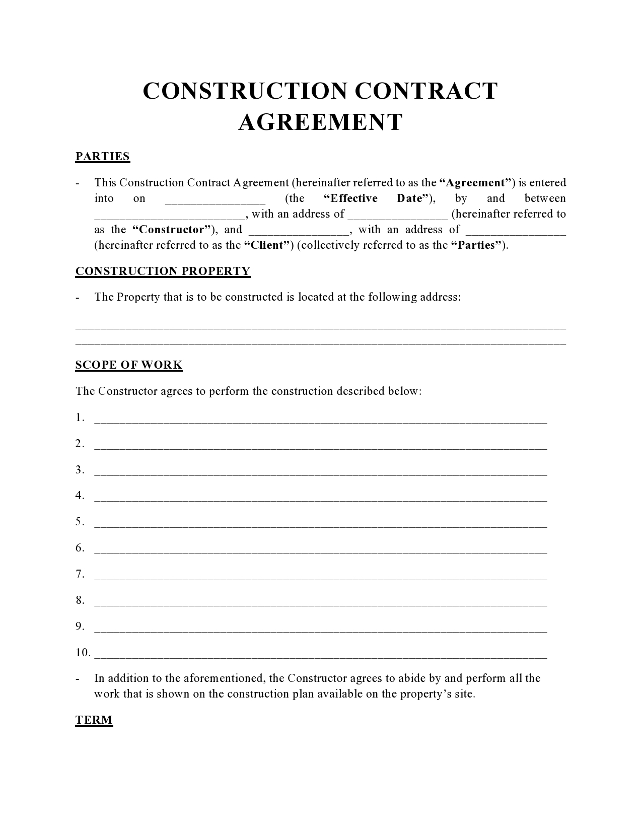 free printable construction contract template