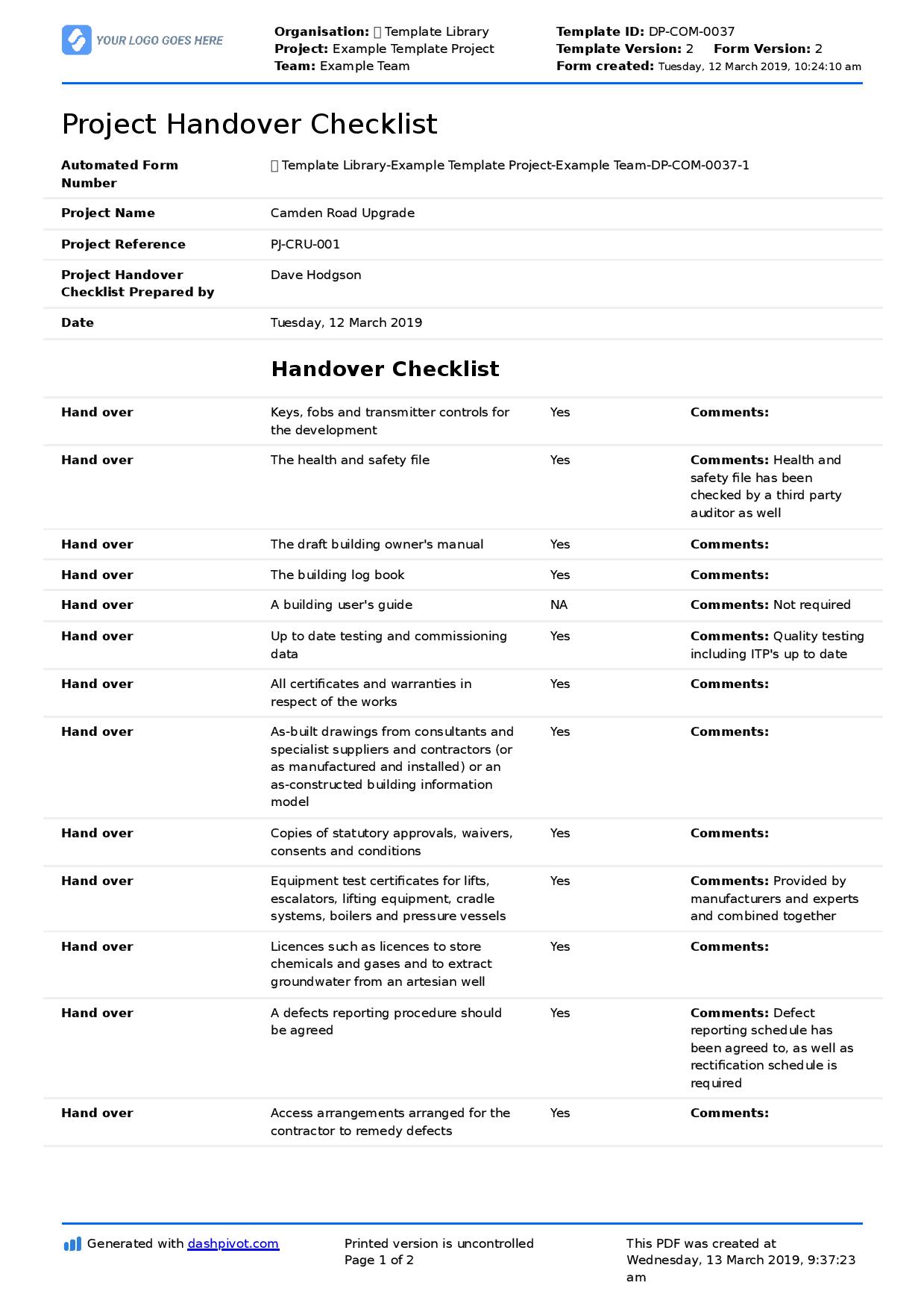 Construction Project Handover Document Sample