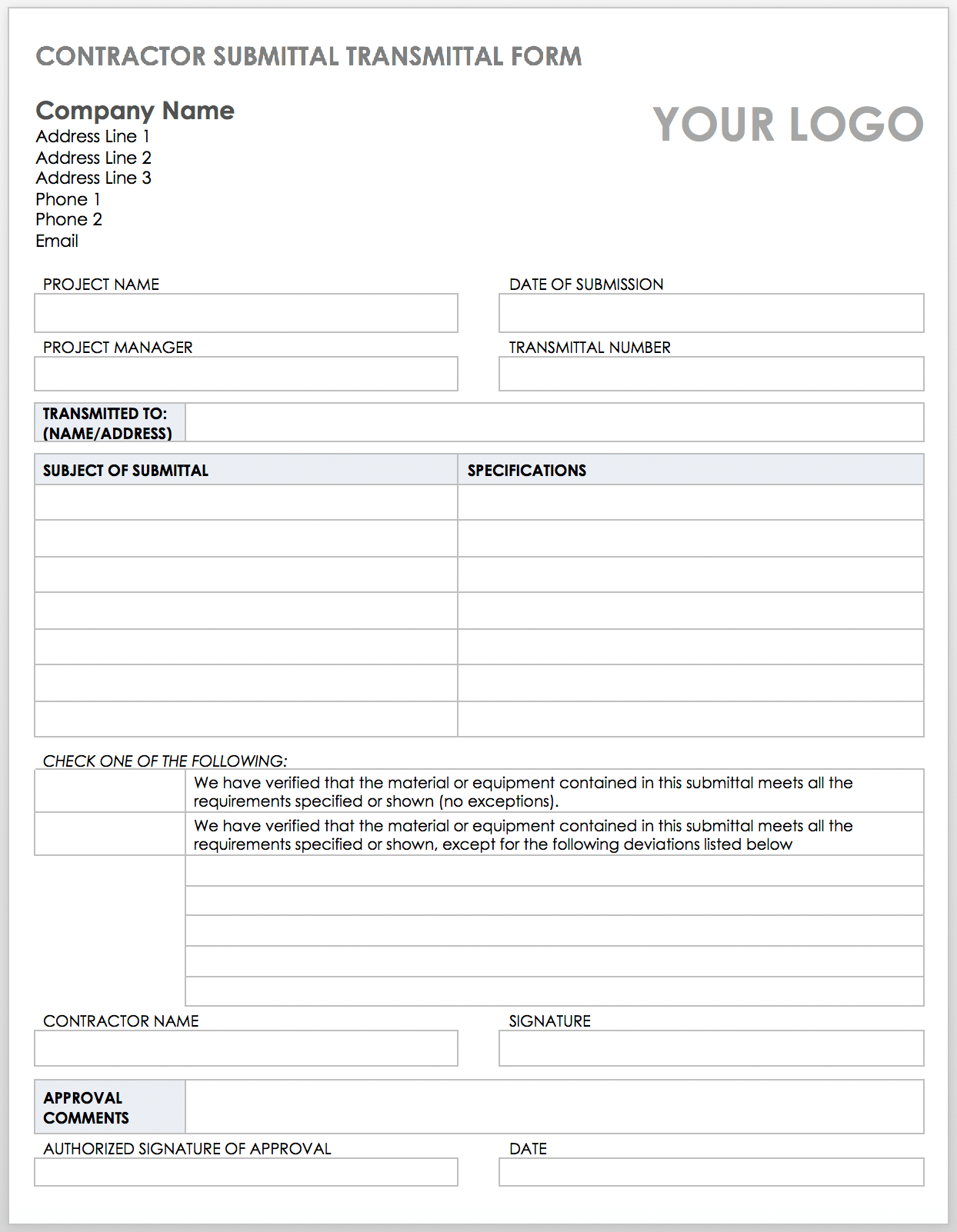 Construction Submittal Templates