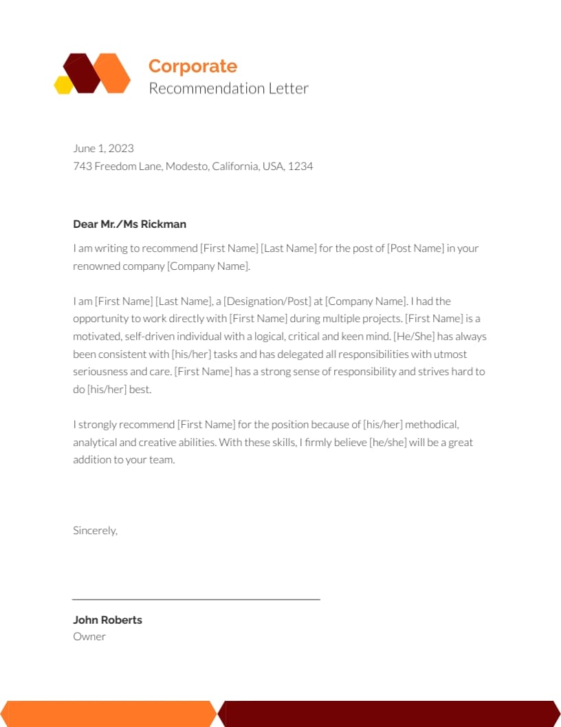 Corporate Recommendation Letter Templates 1425289563