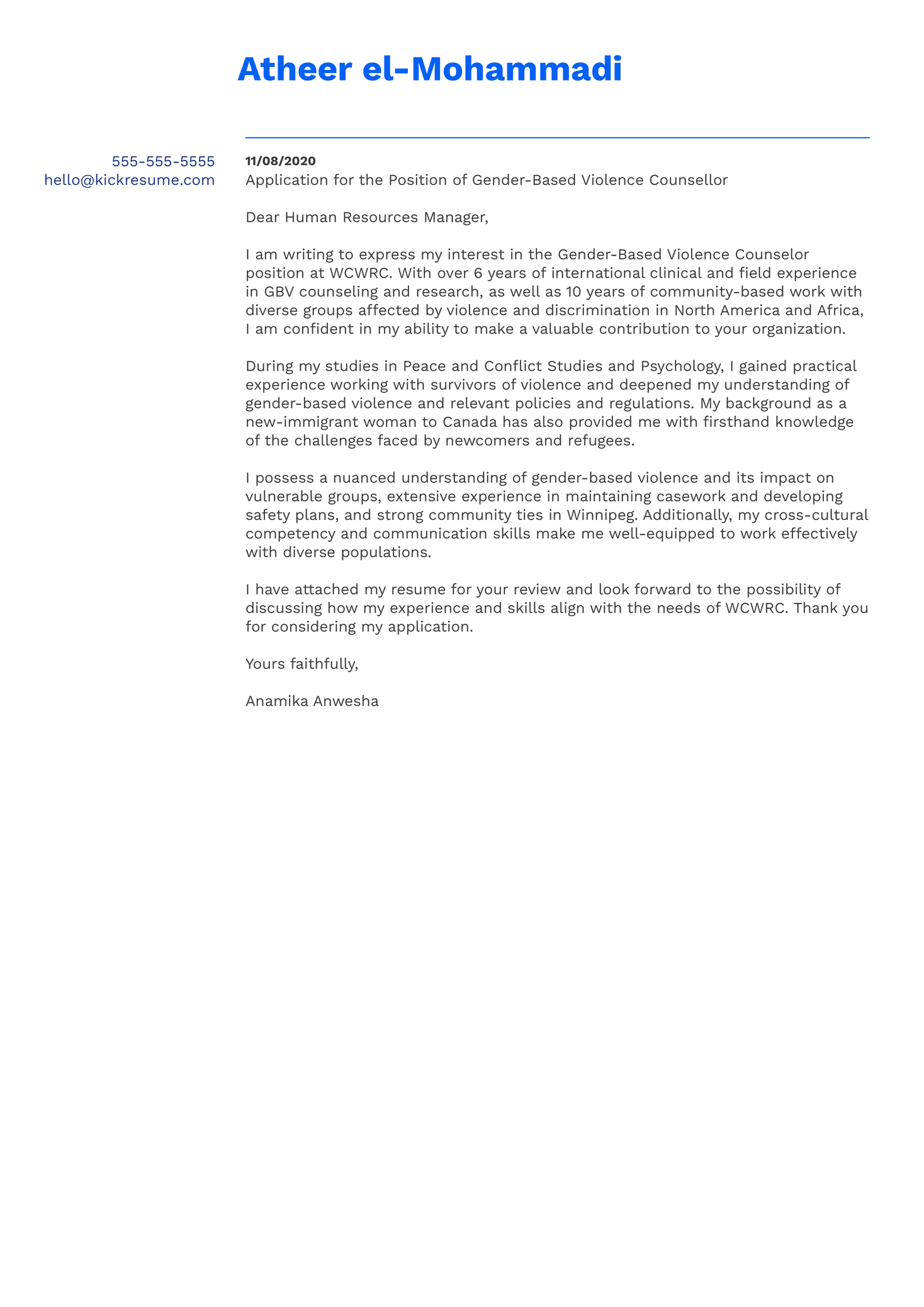 Counsellor Cover Letter Sample