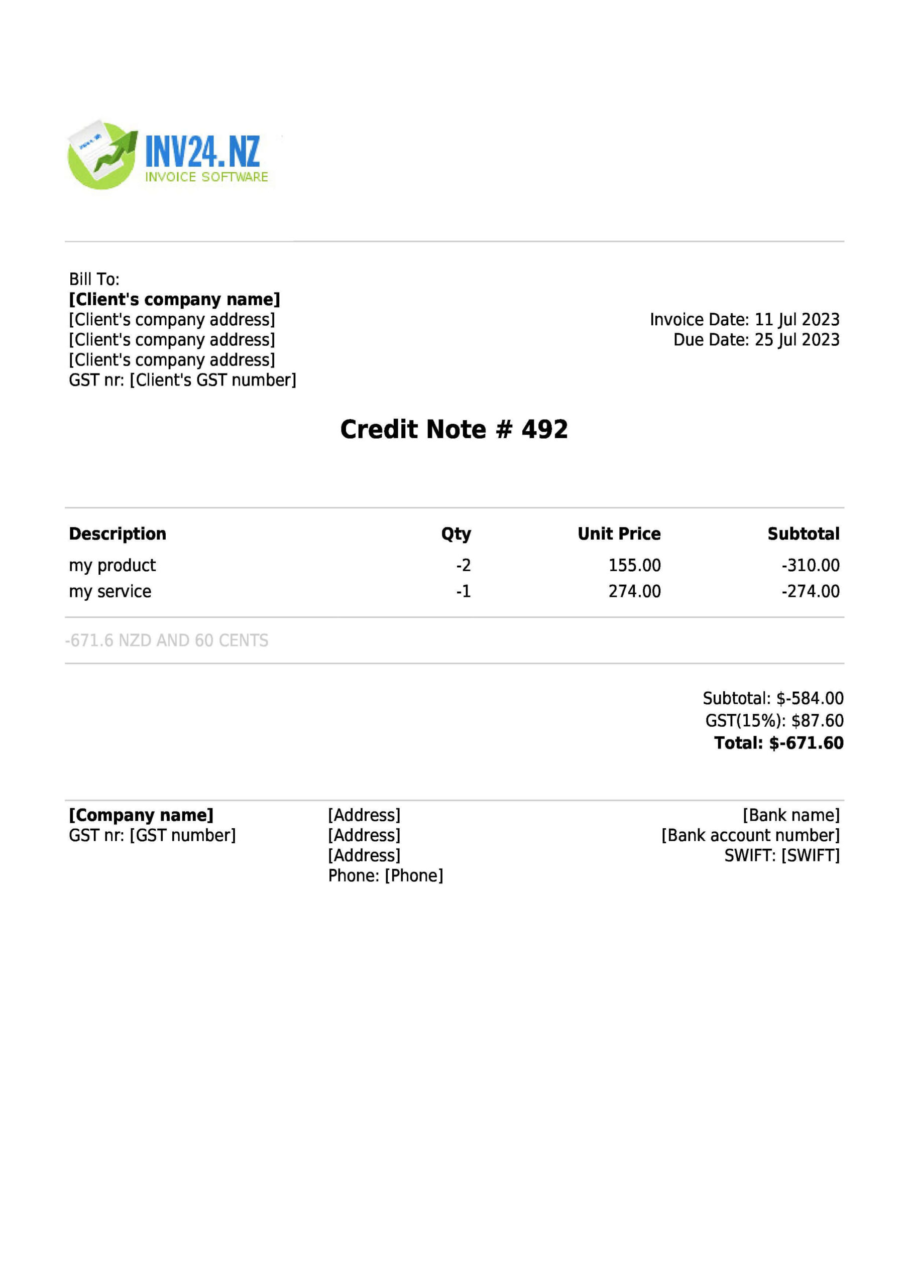 credit note sample template