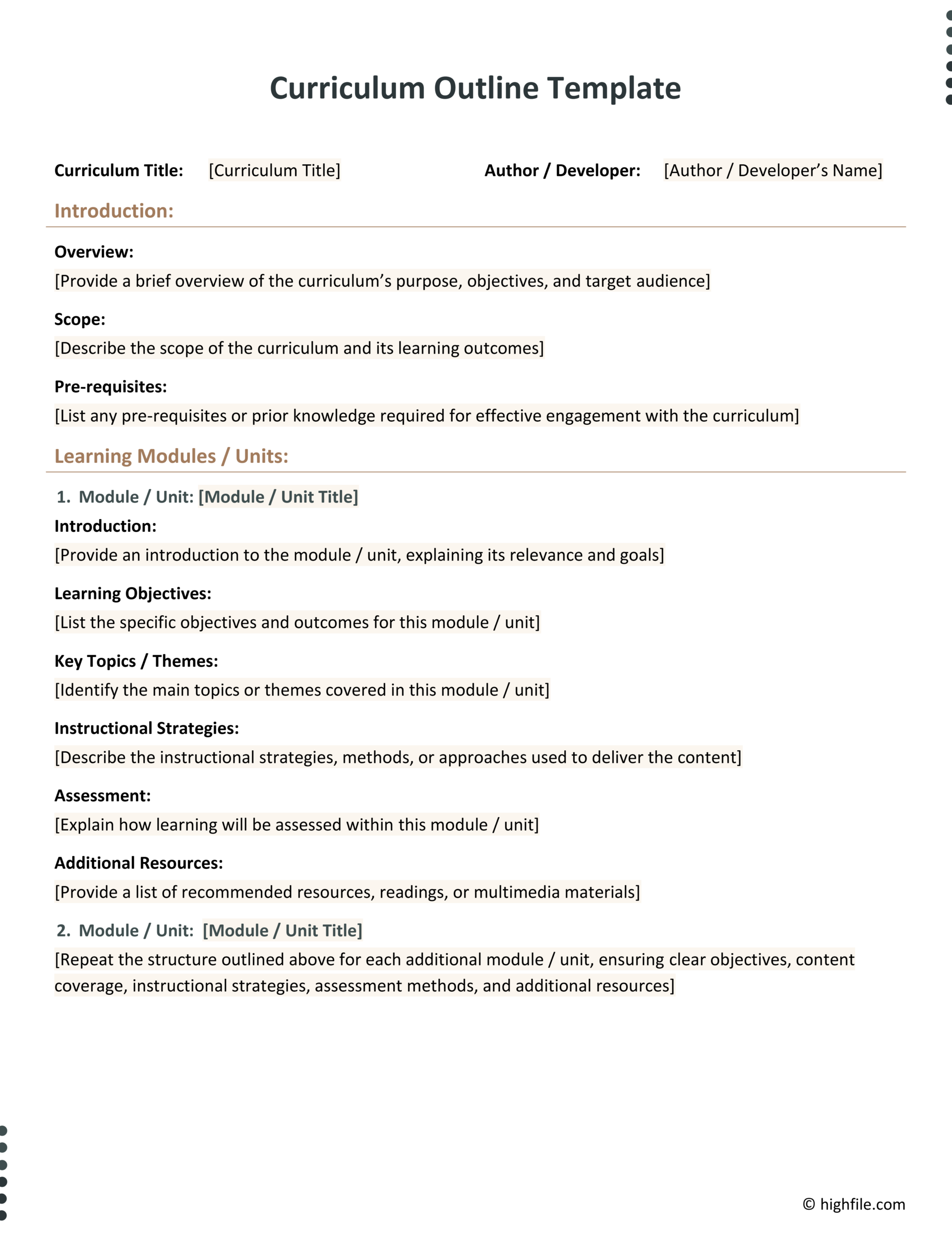 Curriculum Outline Template Curriculum Outline Template