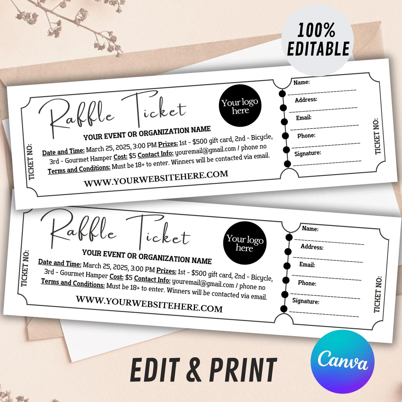 Custom Raffle Ticket Template Editable Custom Raffle Ticket Template Editable