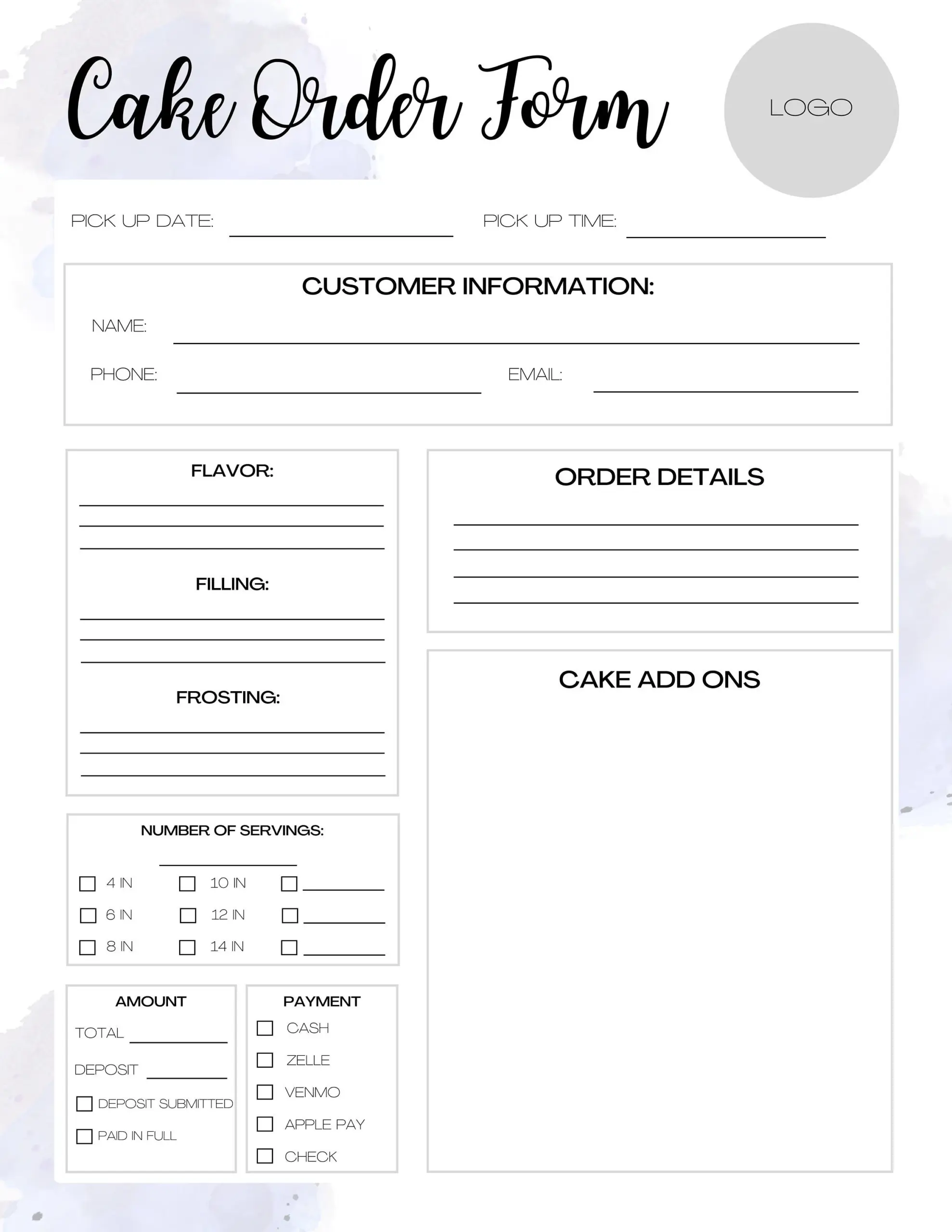 Customizable Cake Order Form Order Form