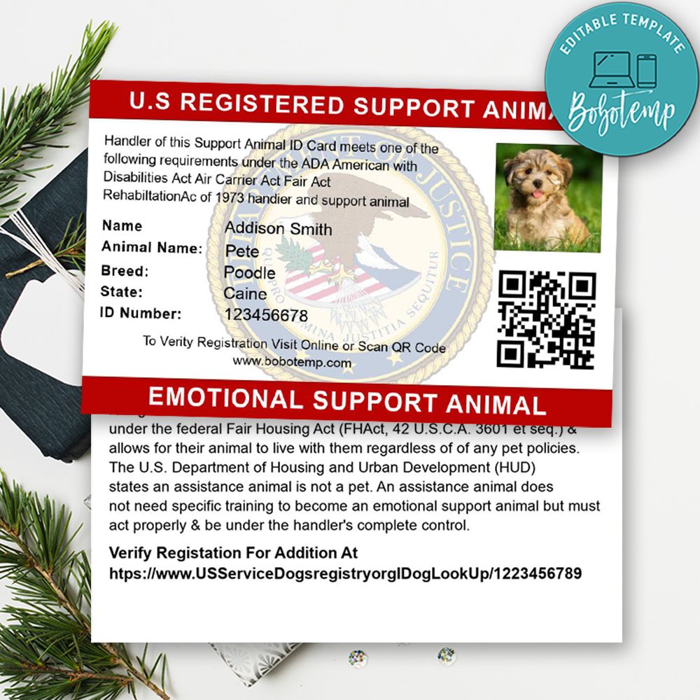 Customizable Esa Dog Id Template Instant Download