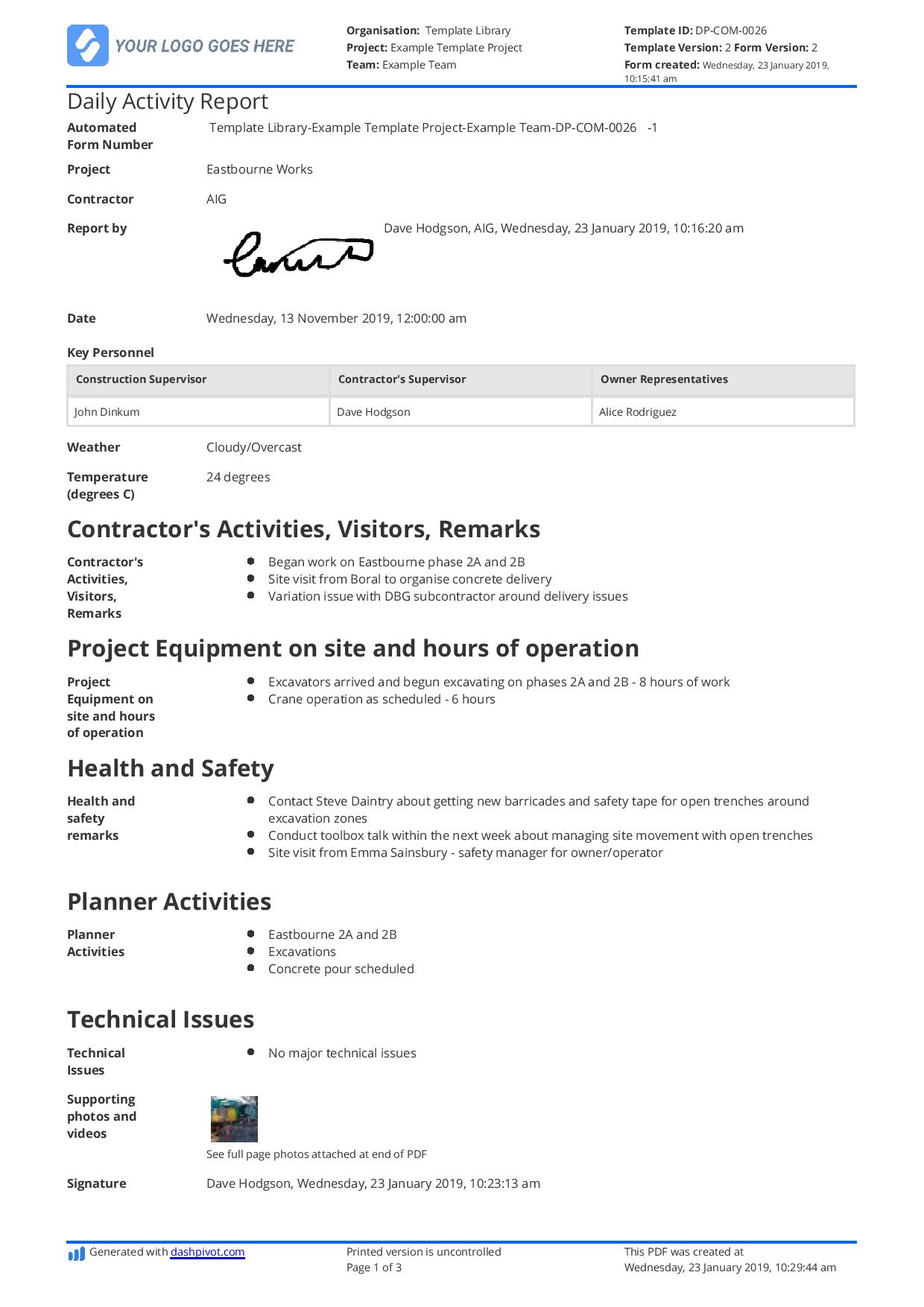 Daily Activity Report Template