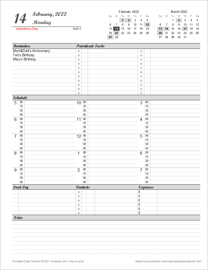 free printable daily agenda template