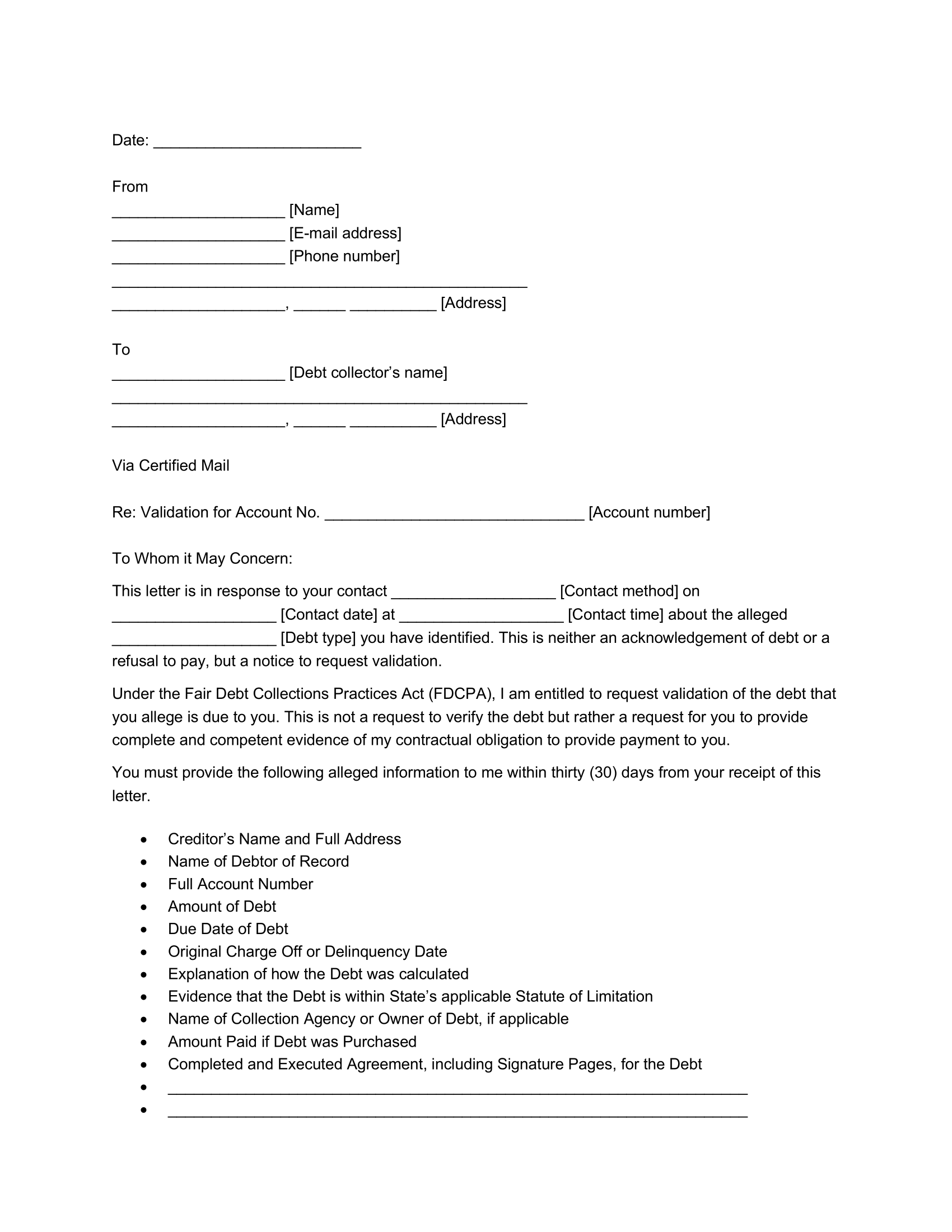 Debt Validation Letter Debt Validation Letter