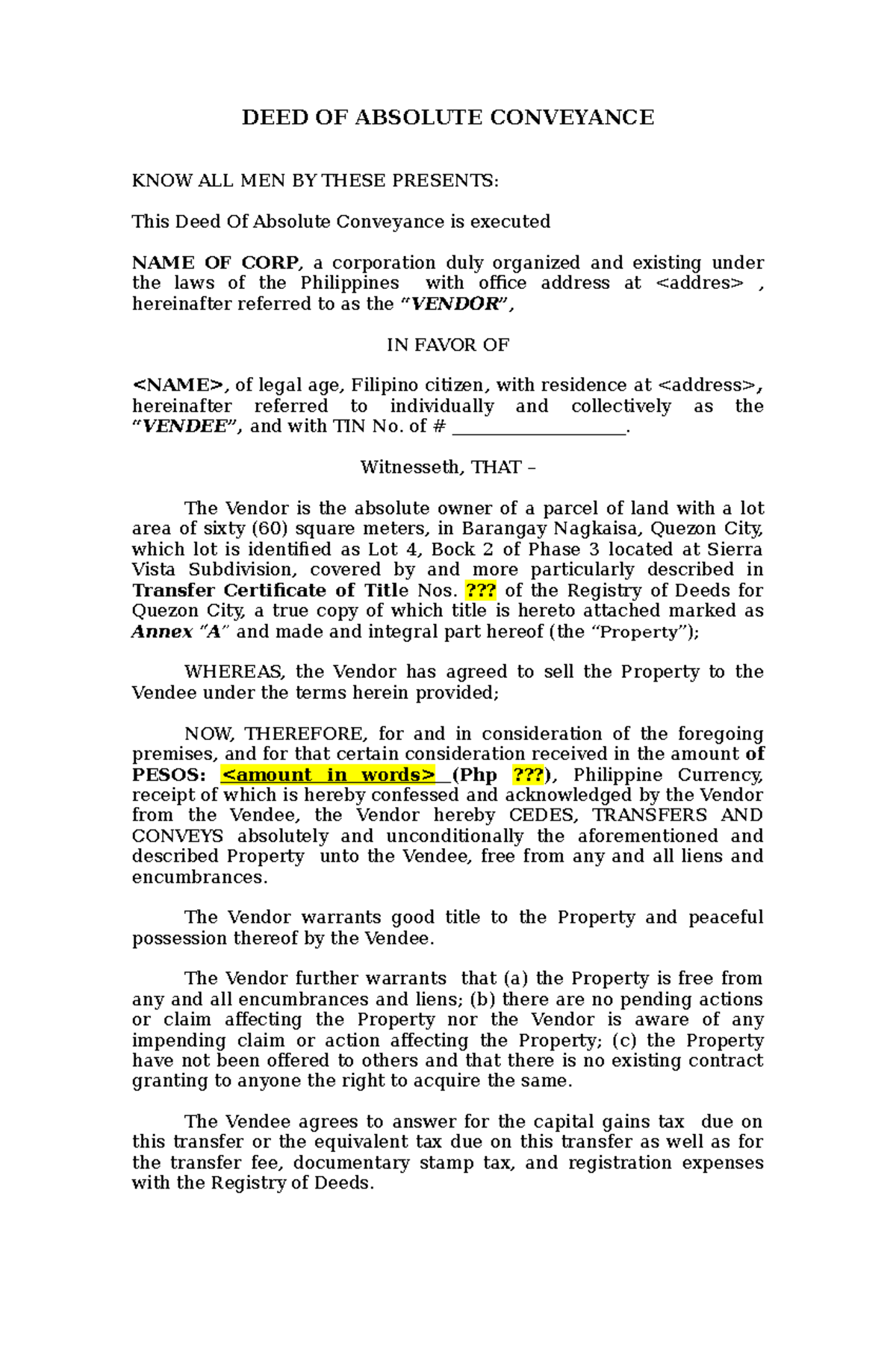 Deed Of Absolute Conveyance Template Deed Of Absolute Conveyance Template