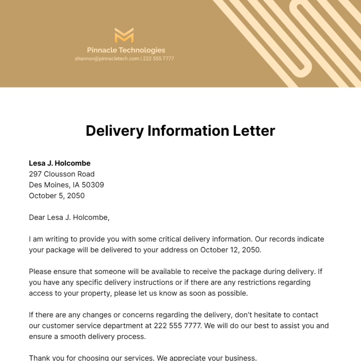 Delivery Information Letter