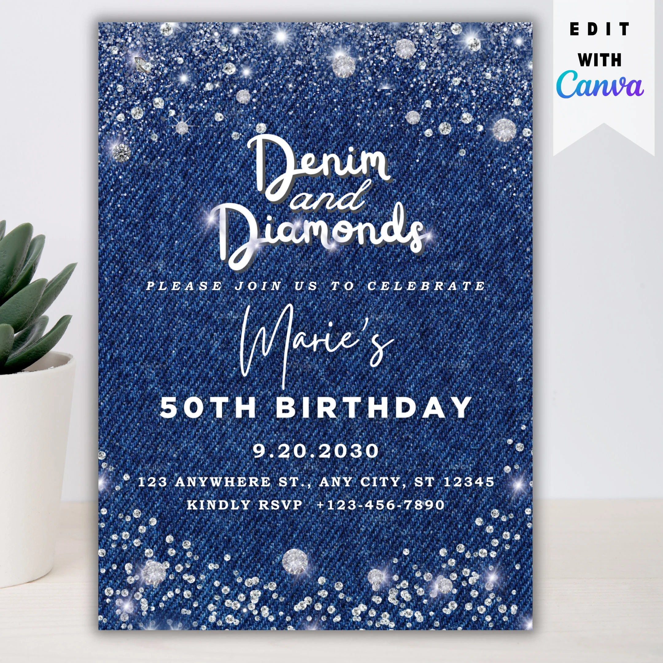 free printable denim and diamonds invitation template