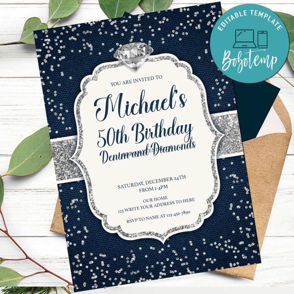 Denim And Diamonds Invitation Customizable Template Instant Download