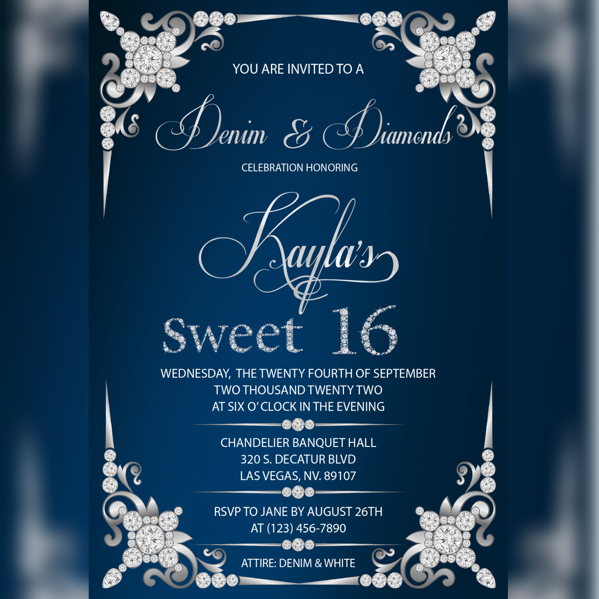 Denim Diamonds Sweet 16 Invitation