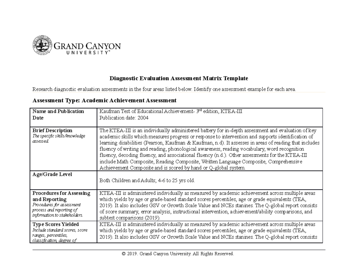 Diagnostic Evaluation Assessment Matrix Week 6