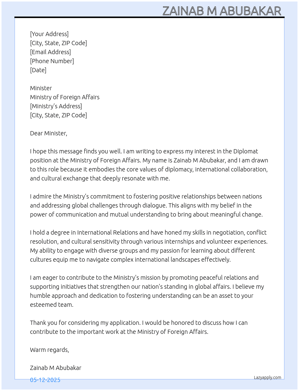 Diplomat Cover Letter