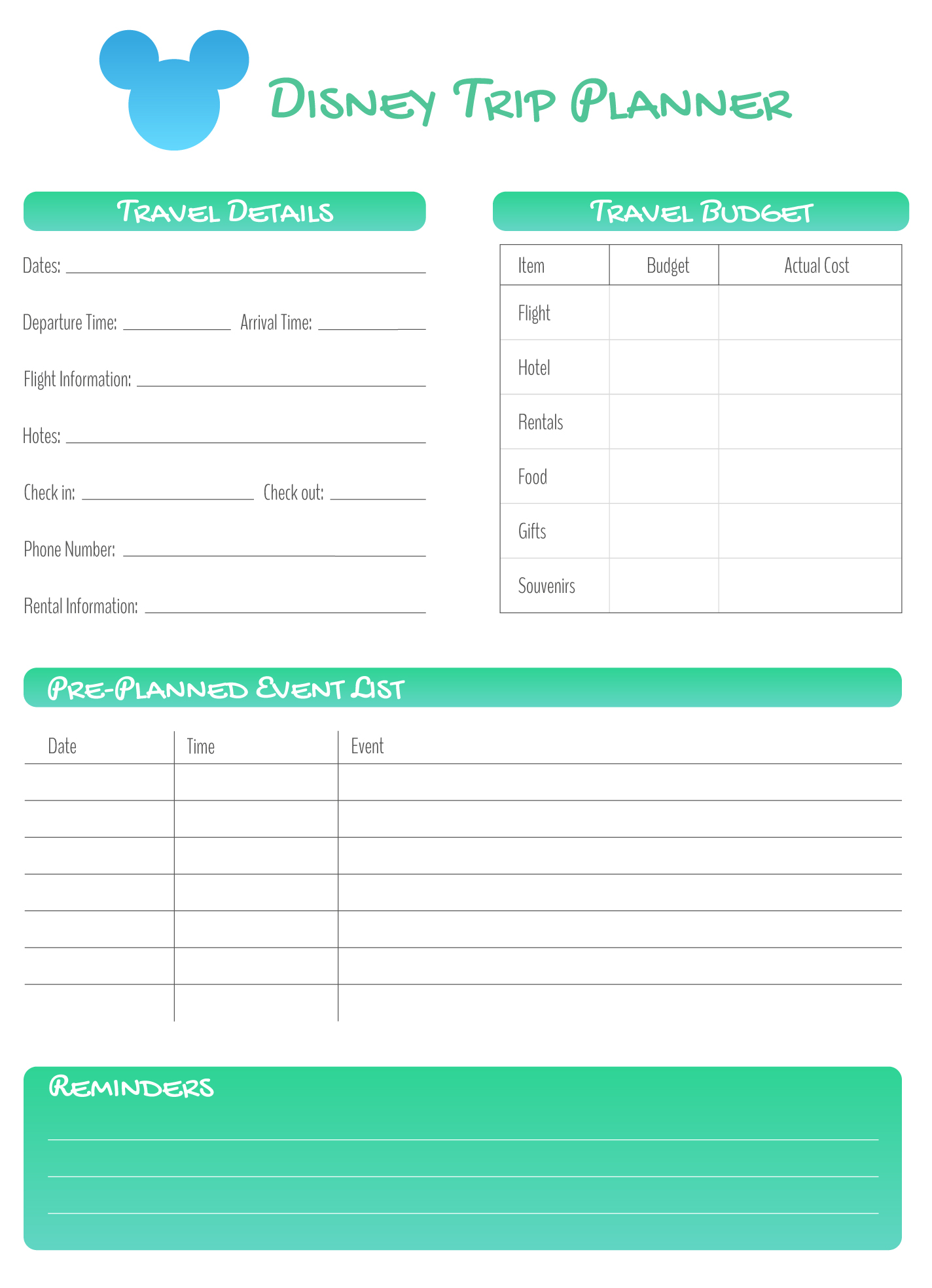 Disney Itinerary Free Google Docs Template
