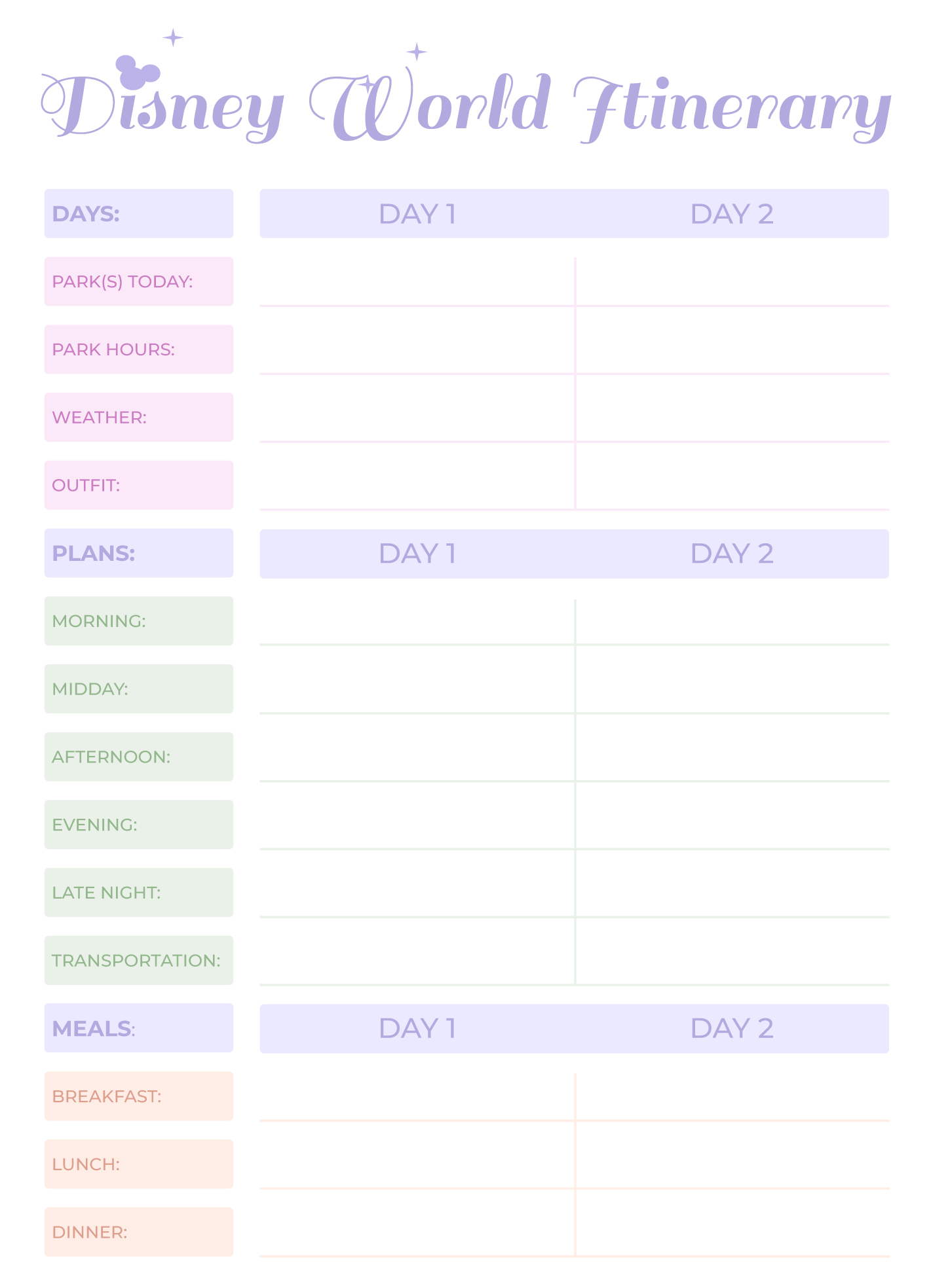 Disney World Itinerary Free Google Docs Template