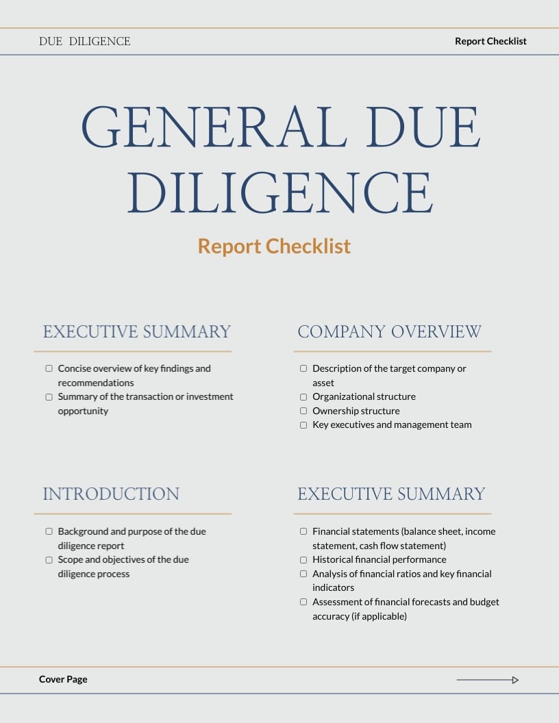 Due Diligence Report Checklist Templates 1425291395