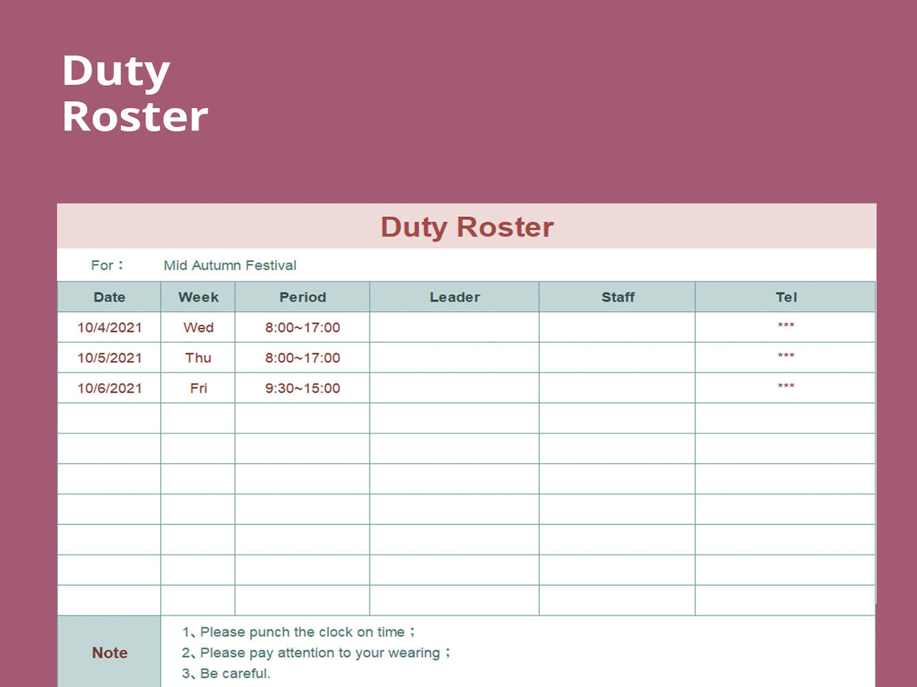 Duty Roster Form Xlsx Excel B3ccd50c