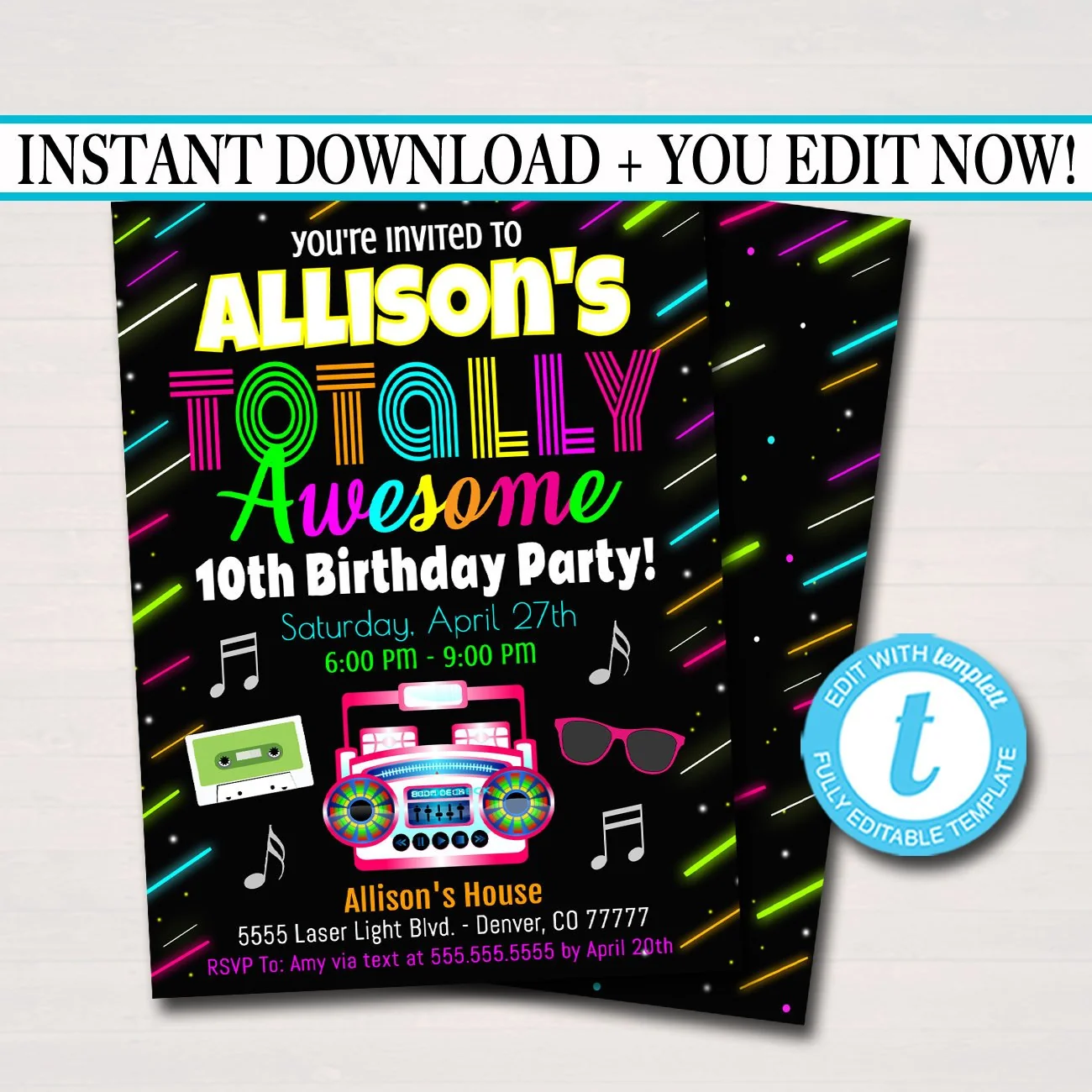 Editable 80s Birthday Invitation Neon Glow Birthday Digital Retro 1980s Theme Invite I Love The 80s Totally Rad Party Instant Download 0874 Editable 80s Birthday Invitation Neon Glow Birthday Digital Retro 1980s Theme Invite I Love The 80s Totally Rad Party Instant Download 0874