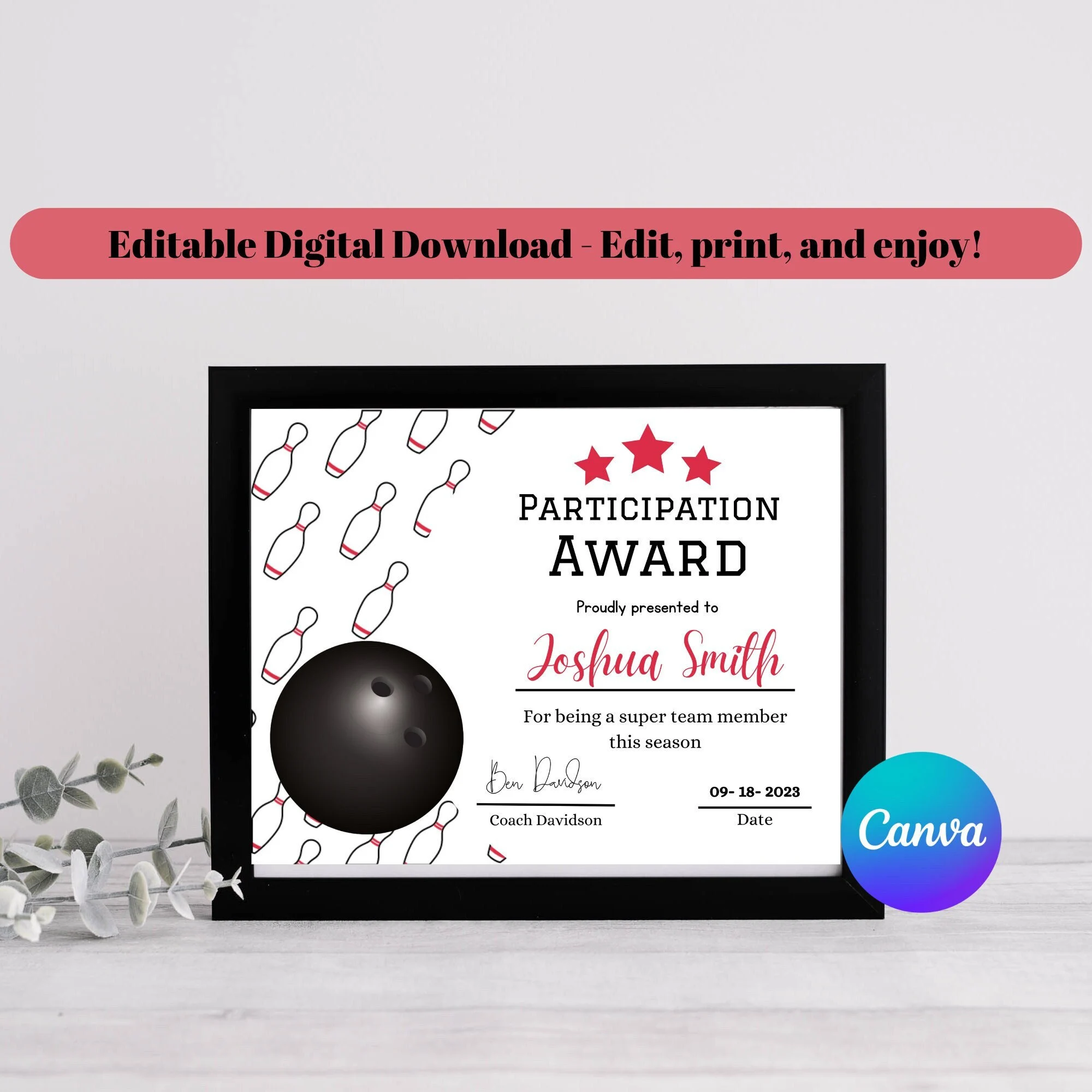 Editable Bowling Participation Award Editable Bowling Participation Award
