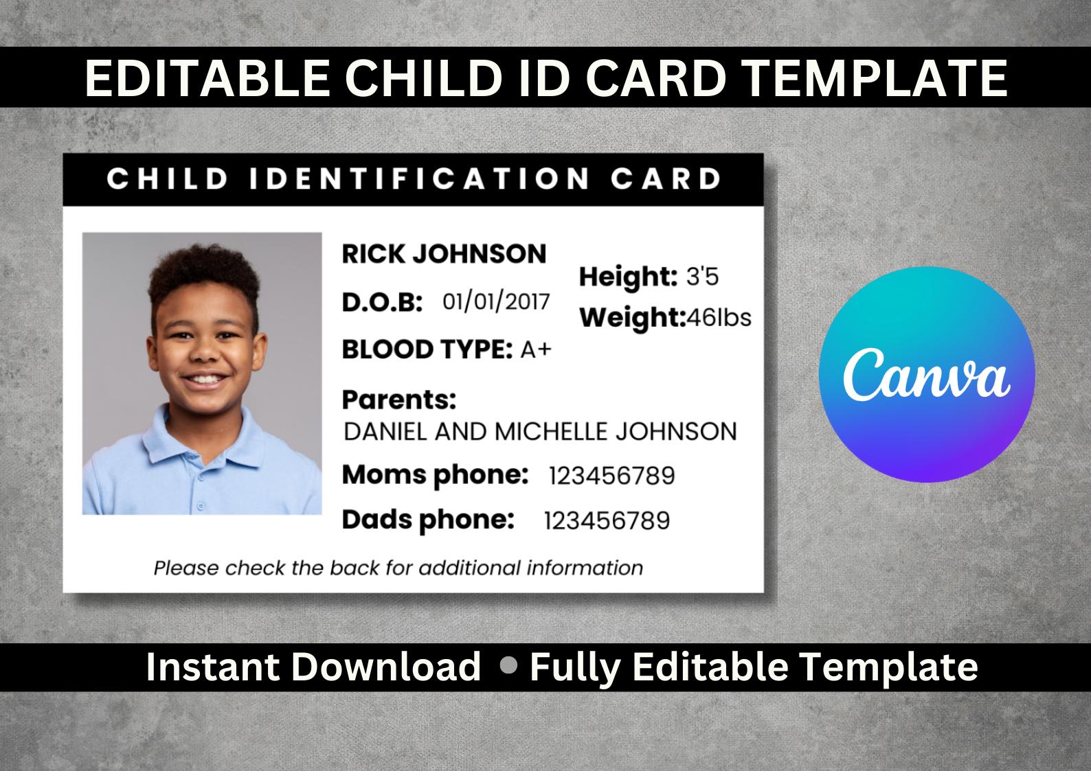 Editable Child Id Card Template