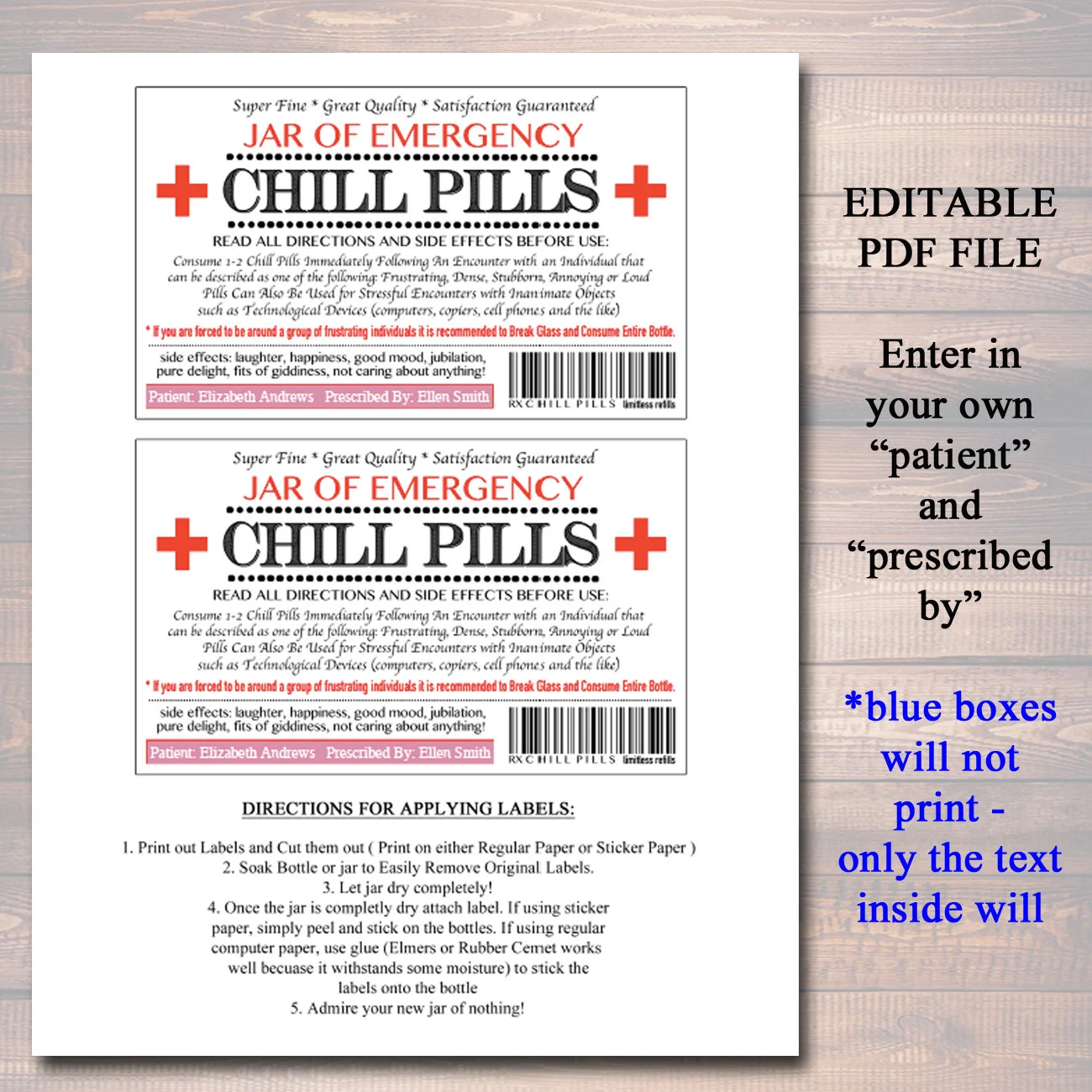 Editable Chill Pills Label Funny Gag