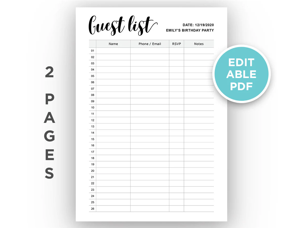 Editable Guest List Planner Guest List Editable Guest List Planner Guest List