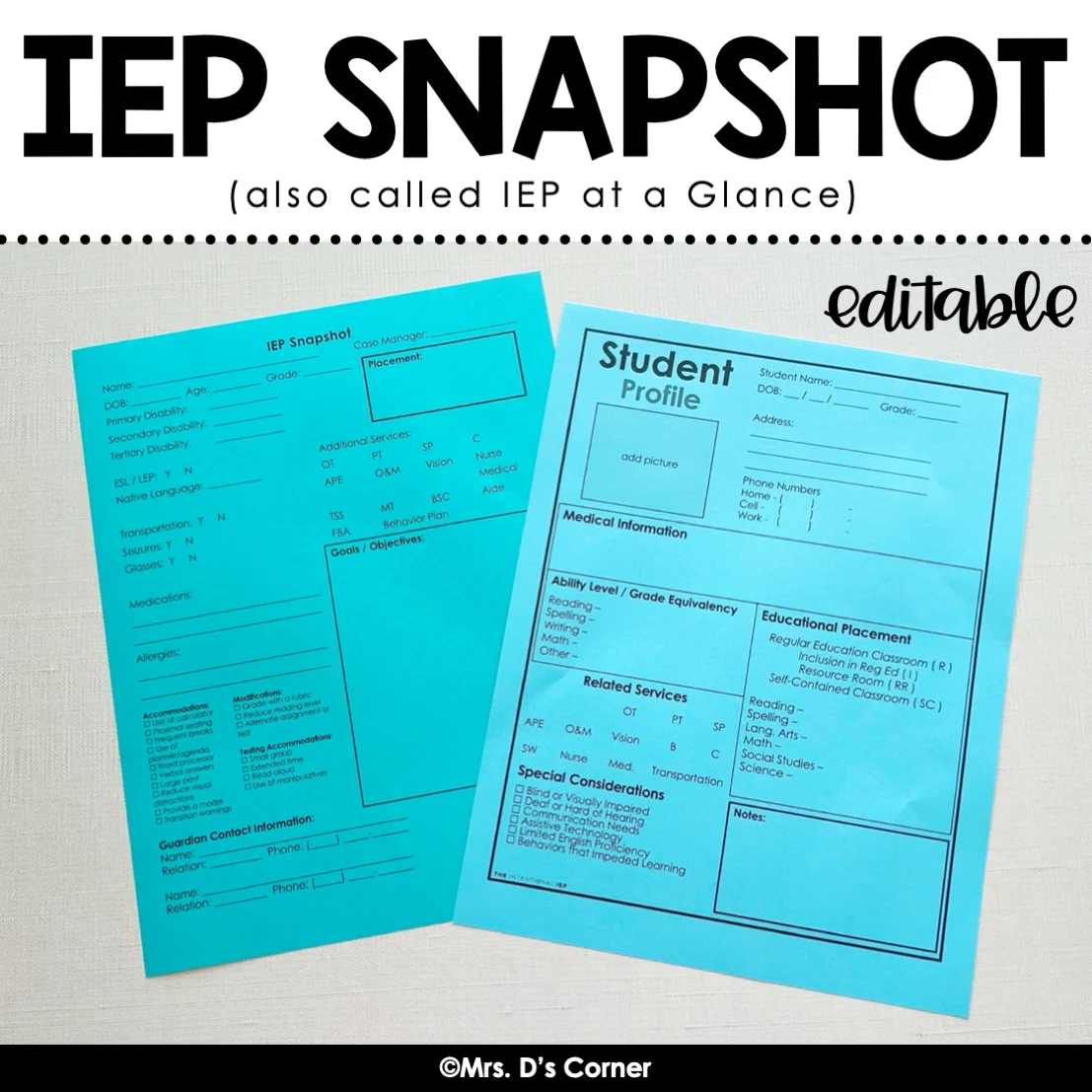 Editable Iep Snapshot Iep At A Glance Iep Data Sheet