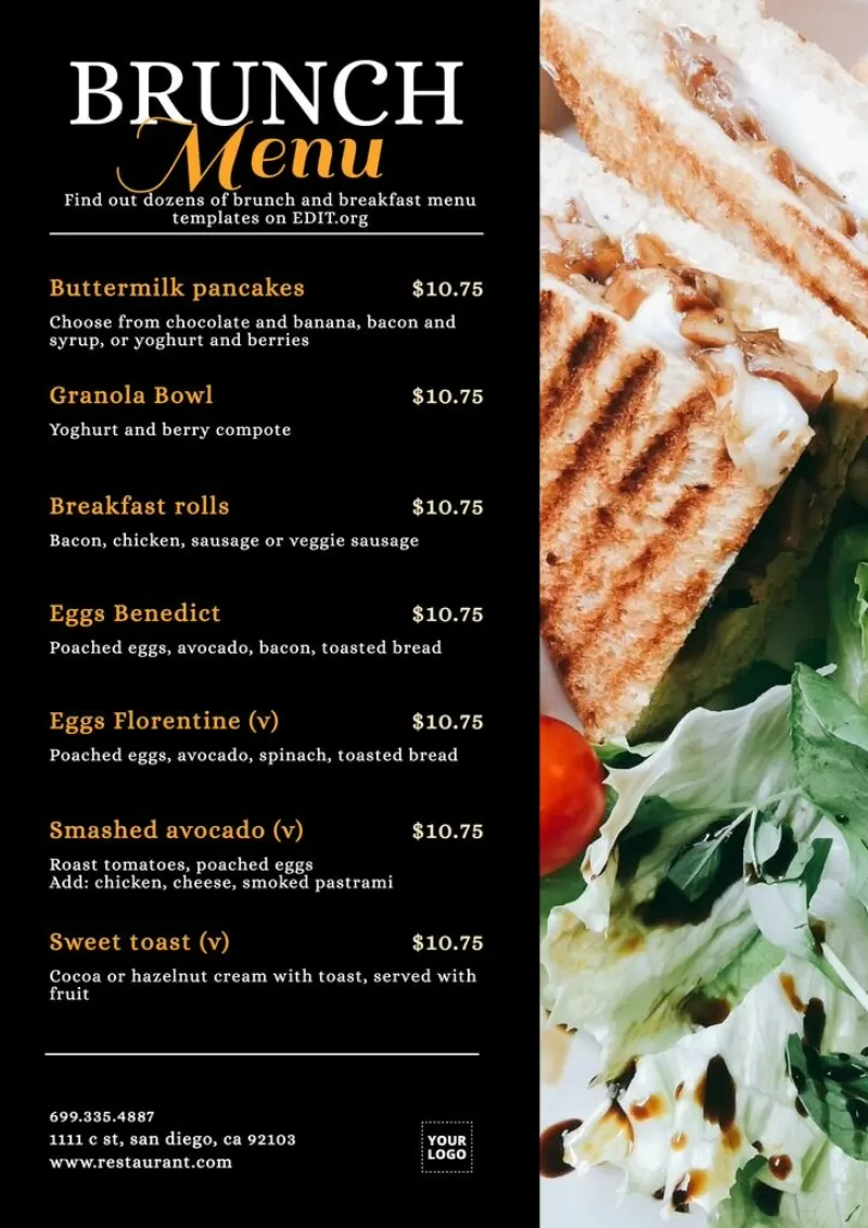 Editable Templates Menu Brunch Breakfast