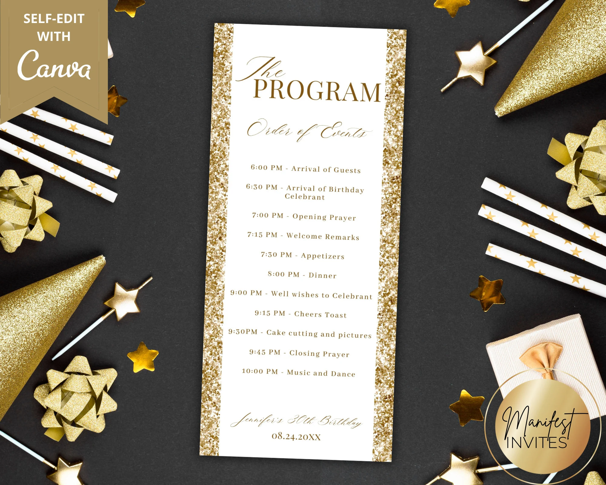 Editable White Gold Glitter Birthday