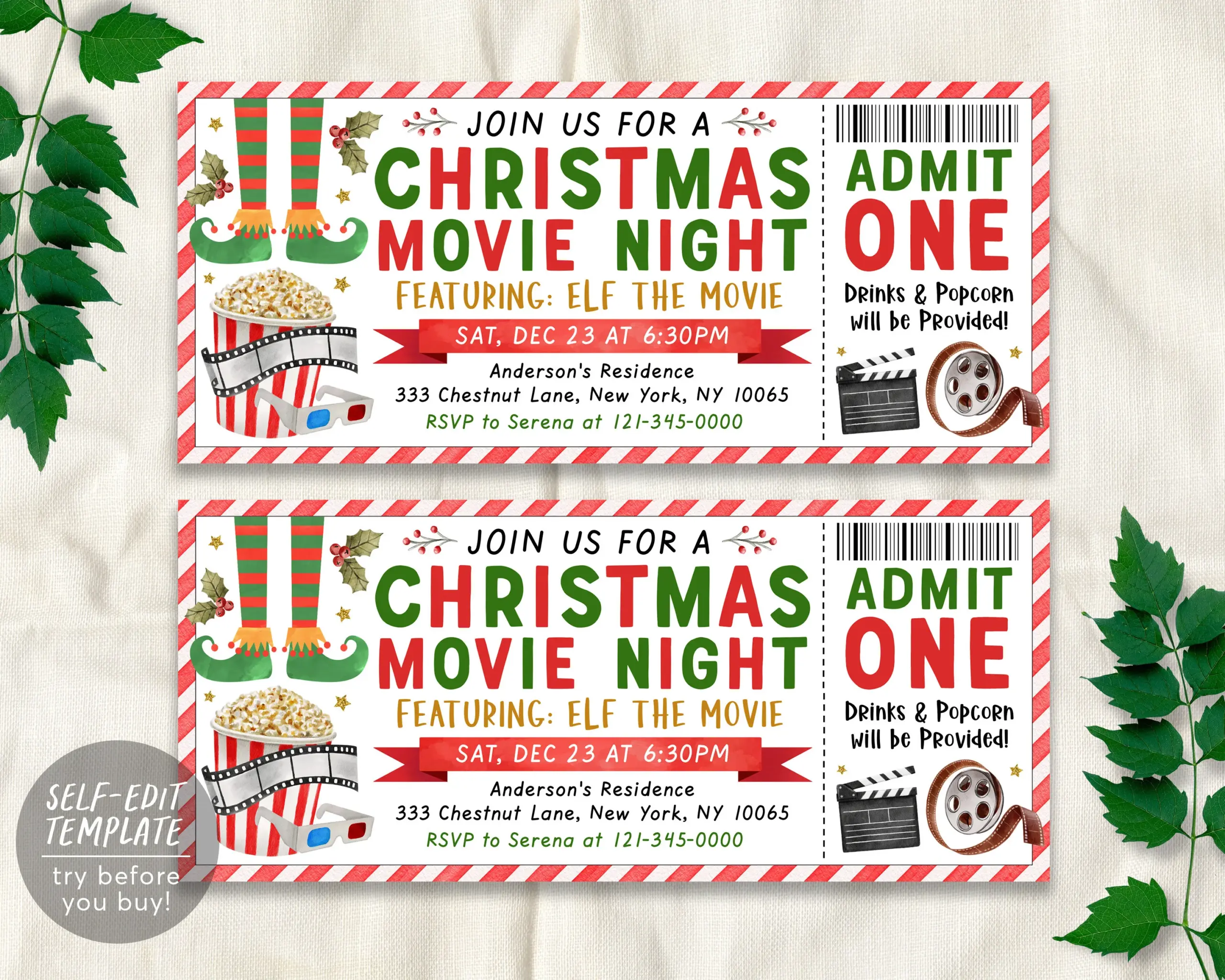 Elf Christmas Movie Ticket Invitation Editable Template Xmas Holiday Movie Night Party Ticket Invite Printable Winter Outdoor Popcorn Diy 363361184