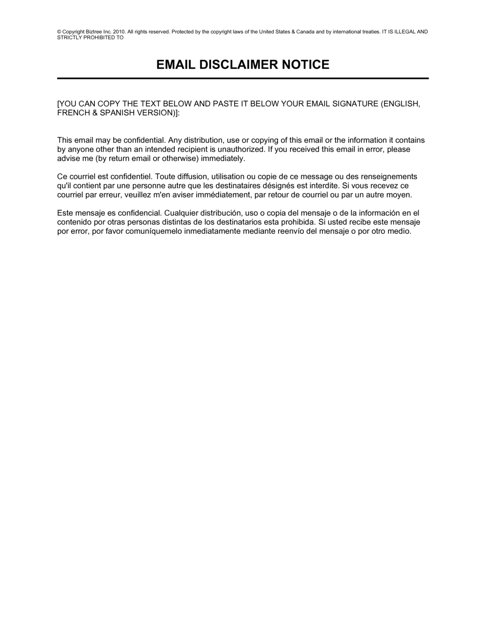 Email Disclaimer Notice English French Spanish D833