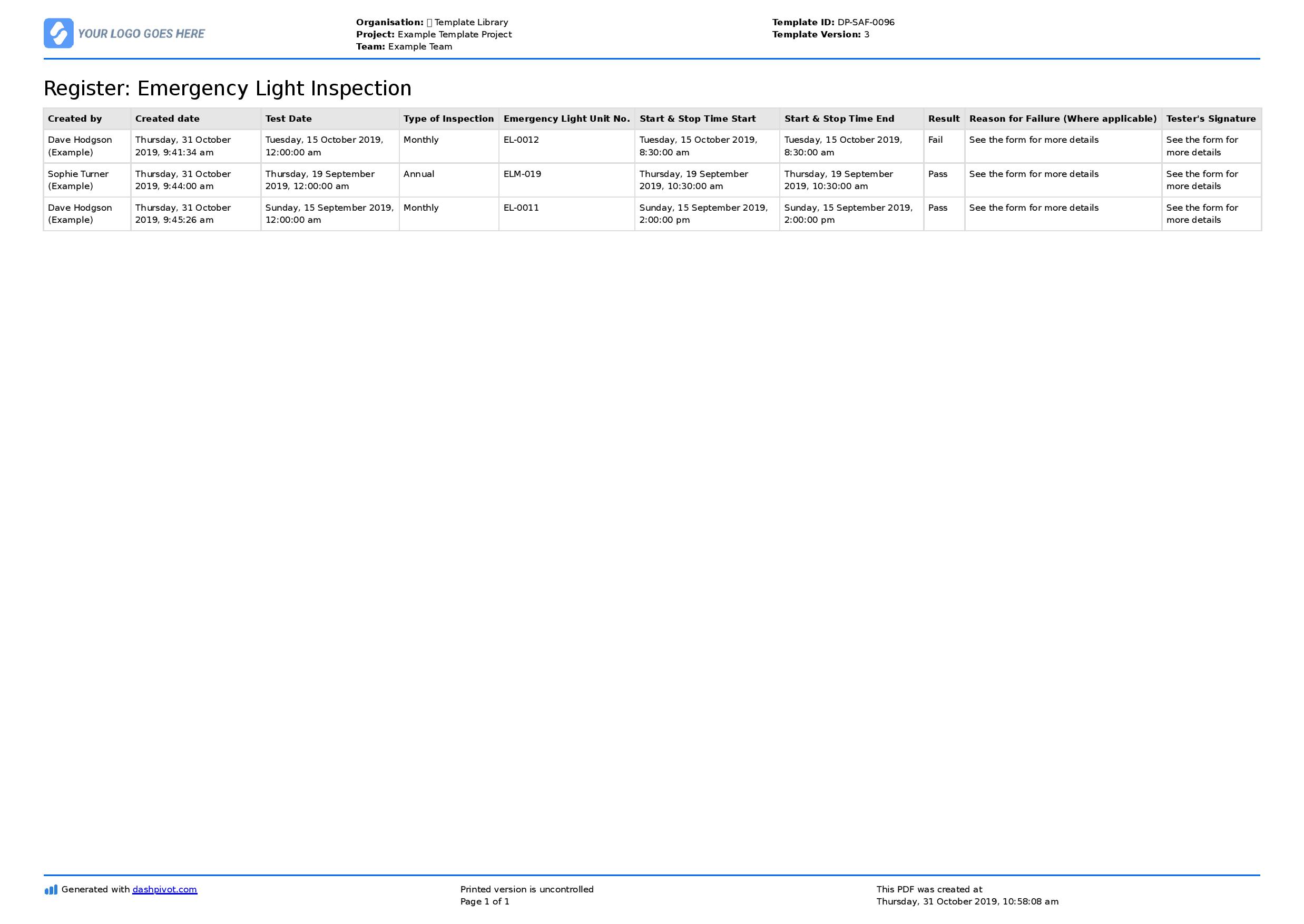 Emergency Lighting Test Log Template Emergency Lighting Test Log Template