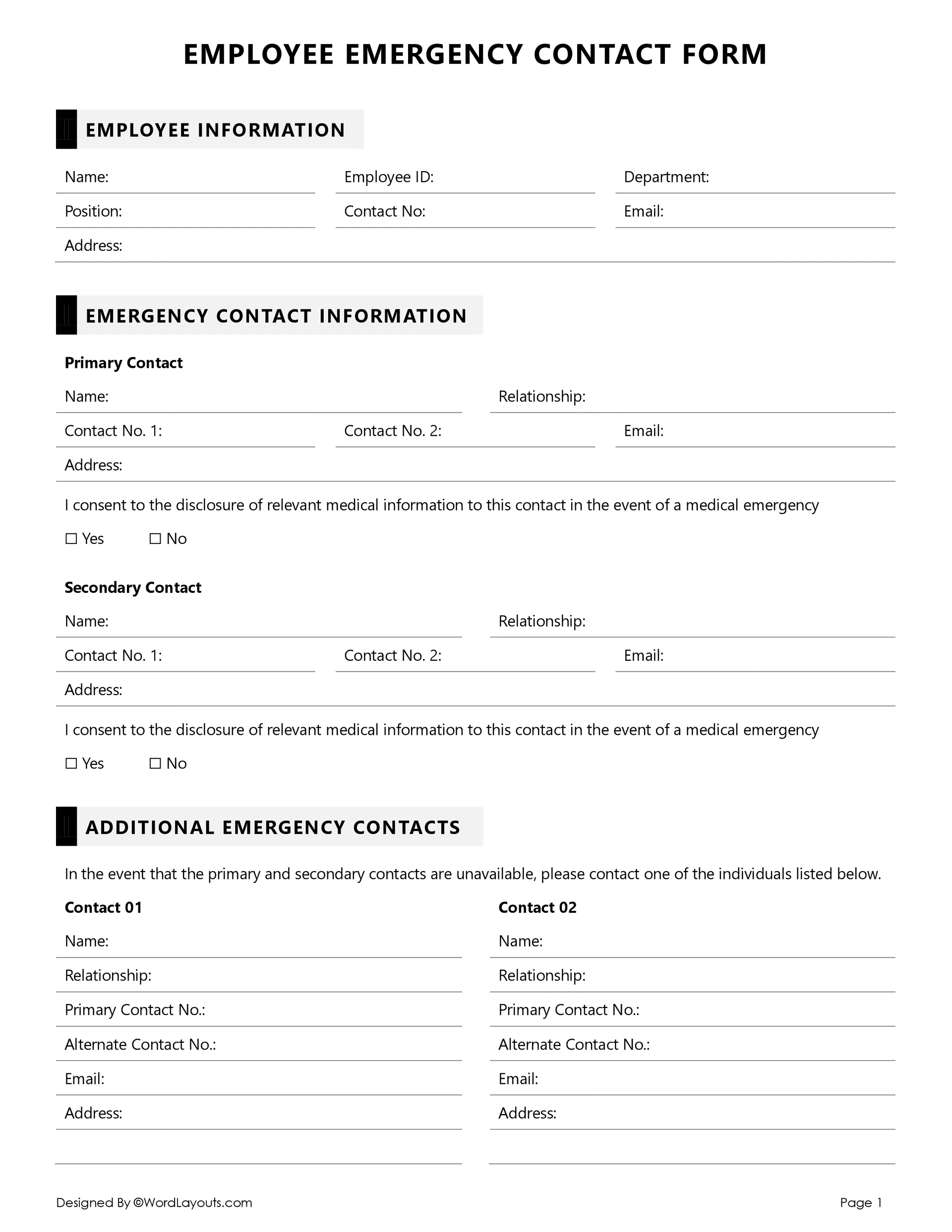 Employee Emergency Contact Form Template Employee Emergency Contact Form Template