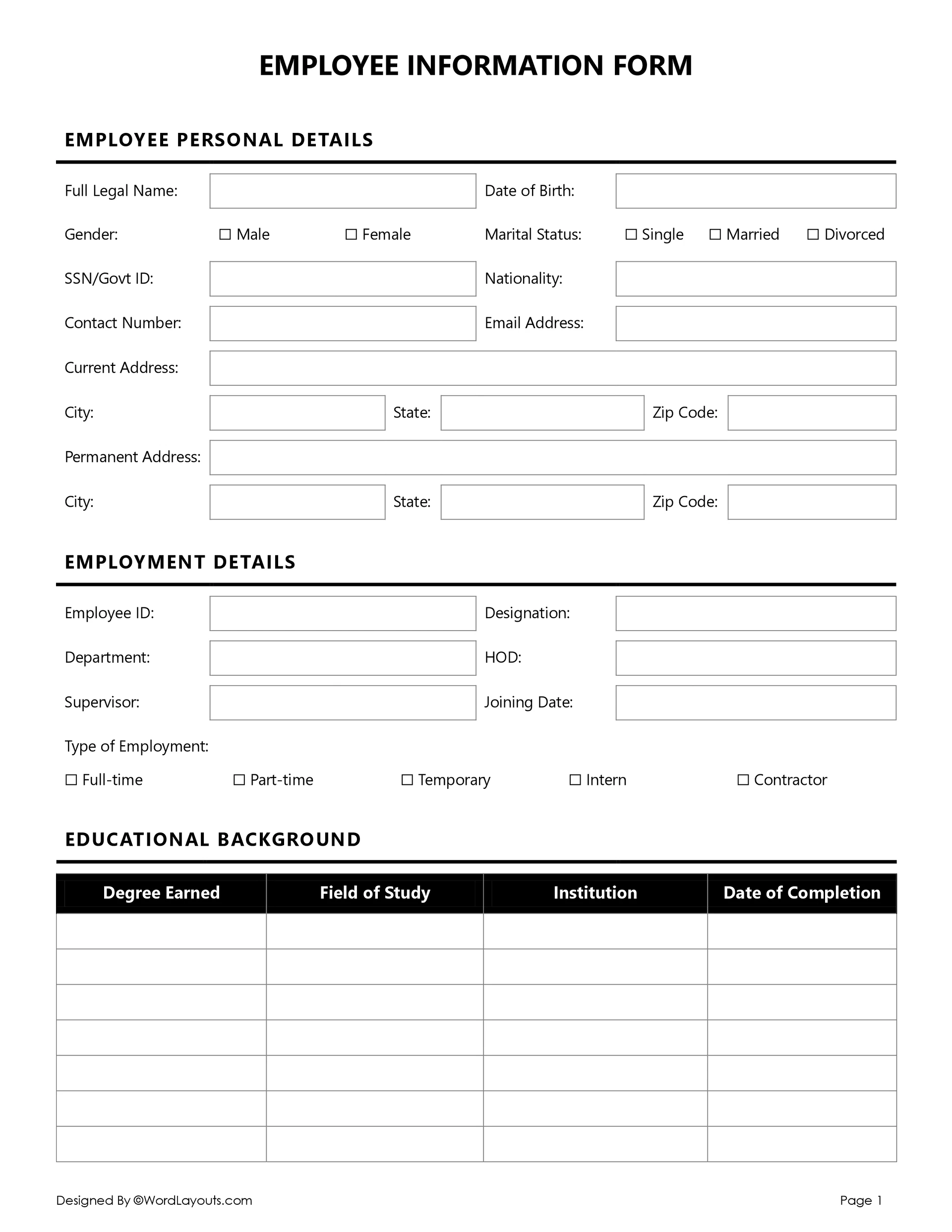 Employee Information Form Employee Information Form