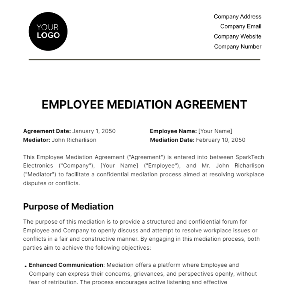 mediation agreement template sample