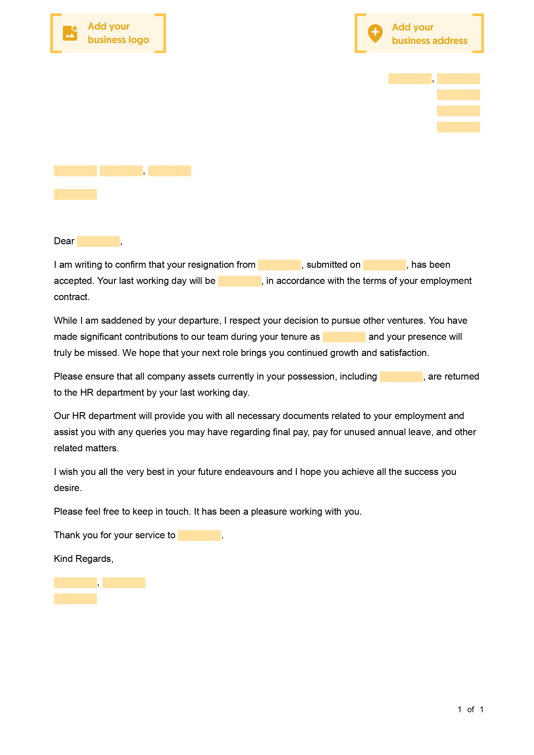 Employee Resignation Acceptance Letter Employee Resignation Acceptance Letter