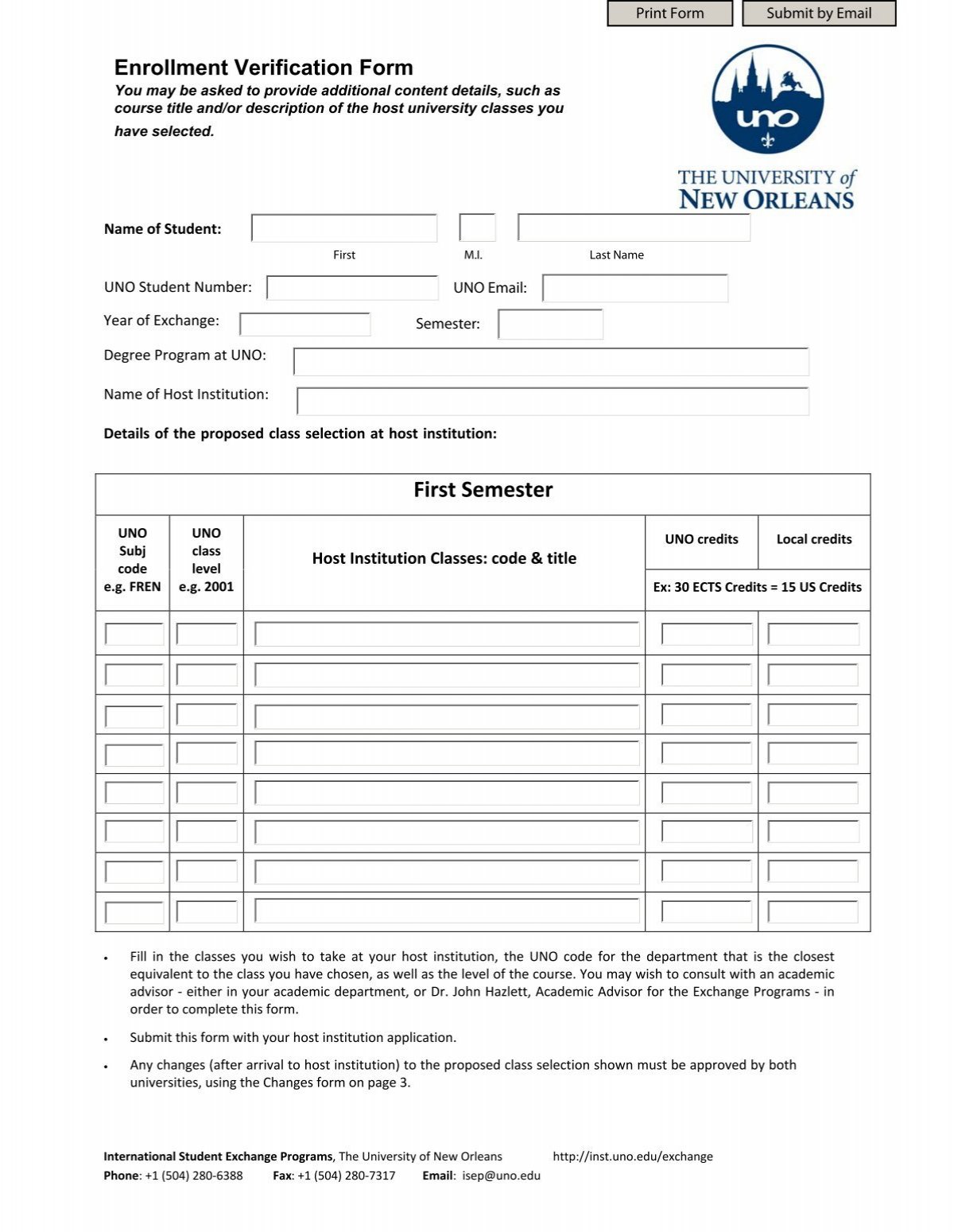 Enrollment Verification Form University Of New Orleans