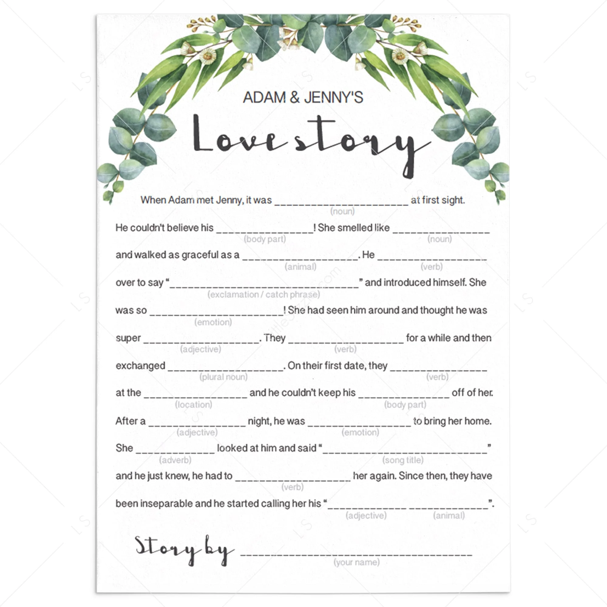 Eucalyptus Wedding Shower Mad Libs Funny Game
