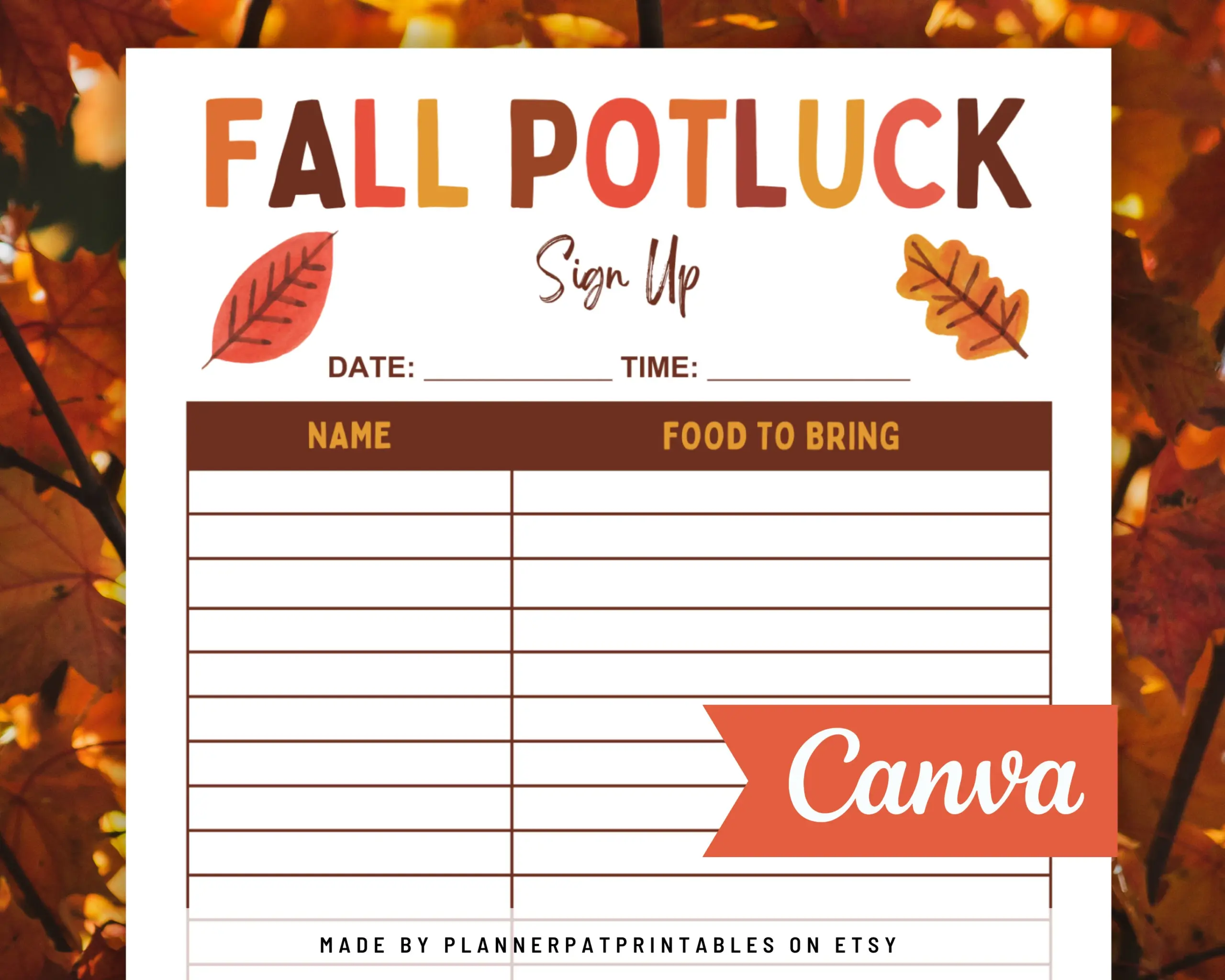 Fall Potluck Sign Up Sheet Printable Fall Potluck Sign Up Sheet Printable